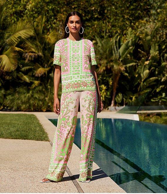 Trina Turk Riggs Woven Placed Print Crew Neck Short Sleeve Top Product Image