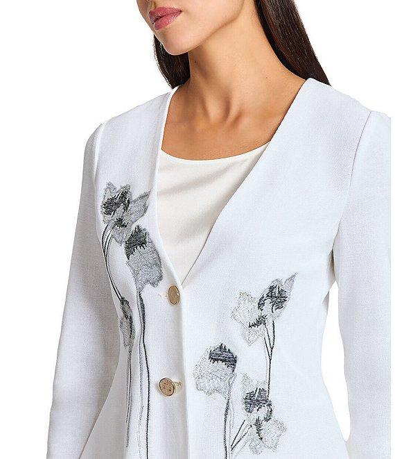 MISOOK Knit Floral Embroidery V-Neck Long Sleeve Peplum Jacket Product Image