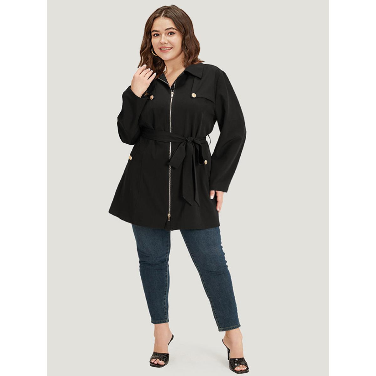 Plus Size Solid Belted Button Detail Zipper Pocket Coat Women Black Plain Pocket Belt Dailywear Jackets BloomChic 14-16/1X Product Image