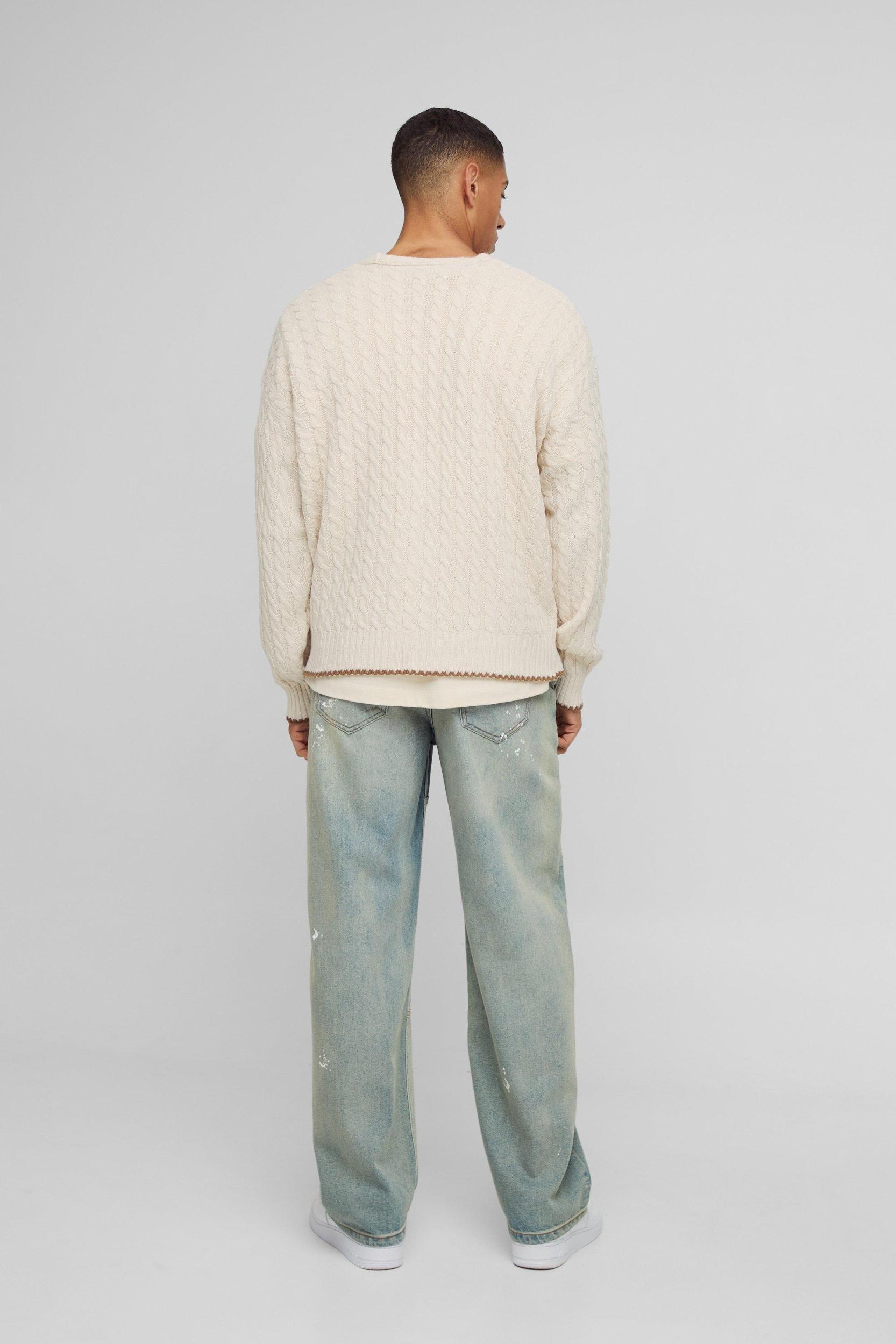 Boxy Fit Varsity Applique Cable Knitted Cardigan | boohooMAN USA Product Image