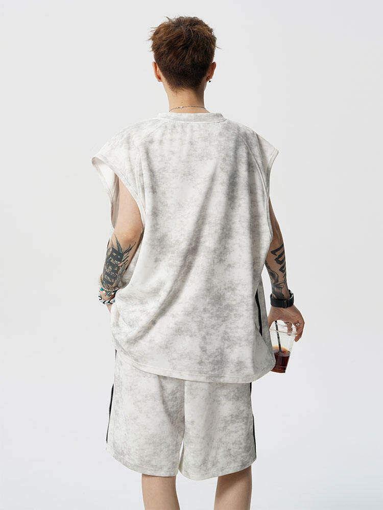 Set: Crew Neck Striped Tie Dye Tank Top + Mid Rise Shorts Product Image