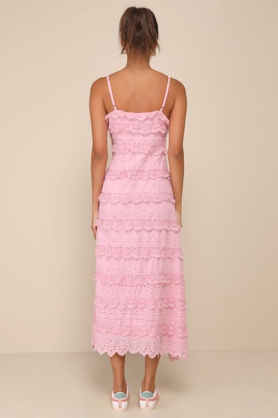 Delightful Cuteness Pink Lace Ruffled Button-Up Maxi Dress Product Image