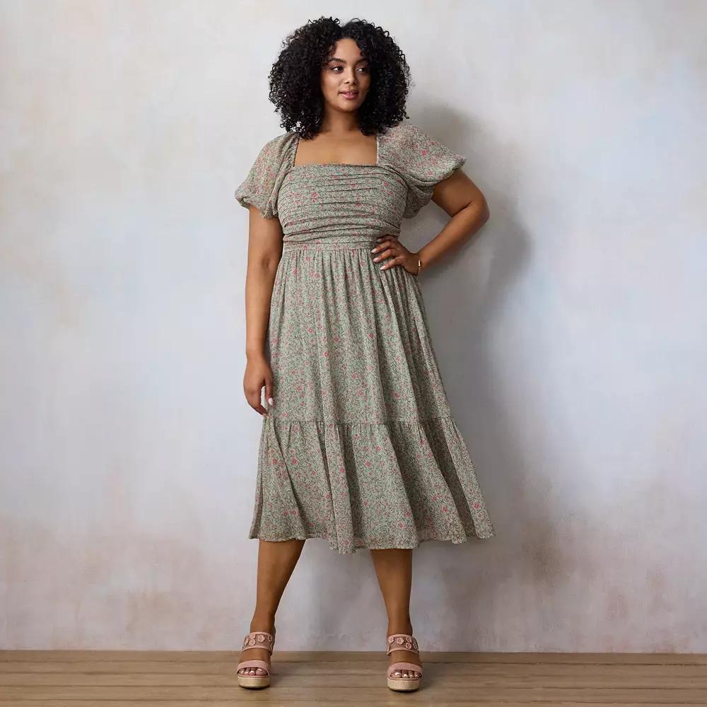 Plus Size LC Lauren Conrad Pleated Bodice Midi Dress, Women's, Size: 3XL, Green Virginia Vines Product Image