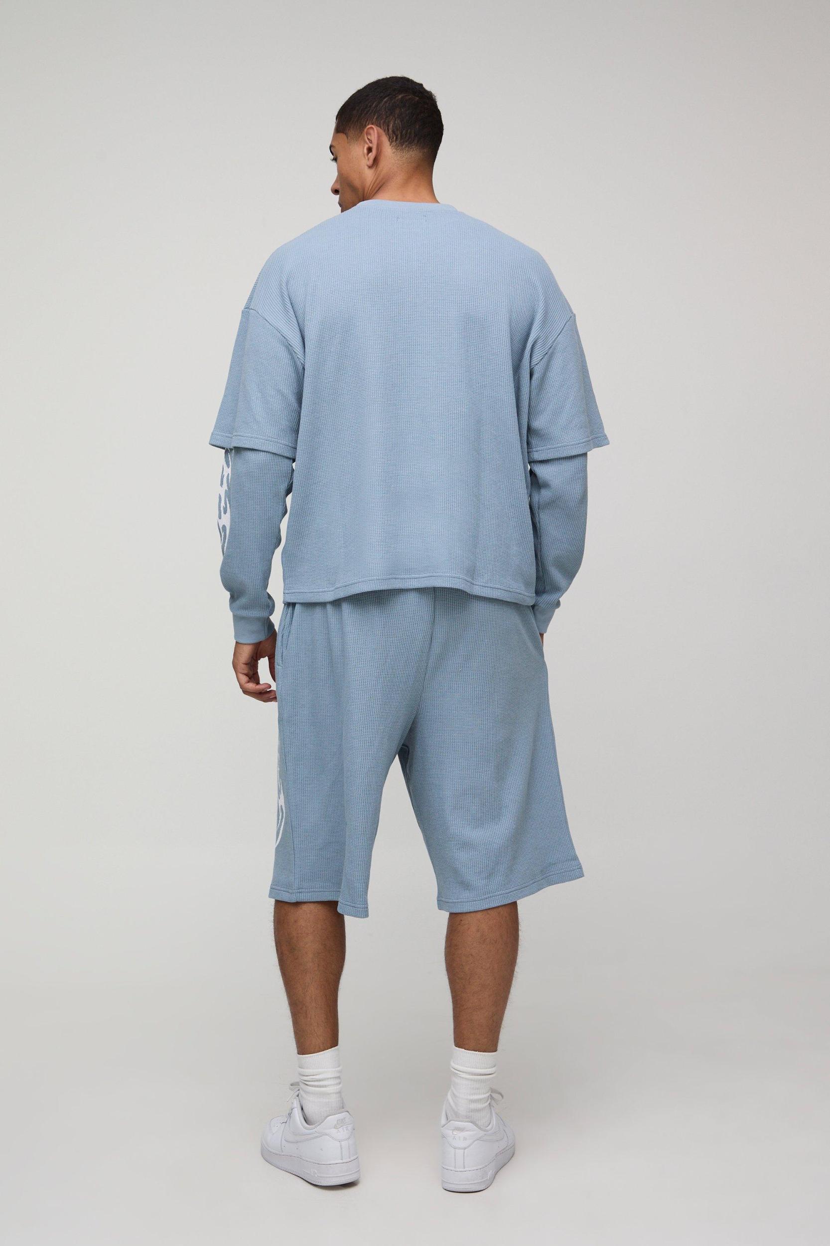 Oversized Boxy Faux Layer Waffle T-Shirt & Jort Set | boohooMAN USA Product Image