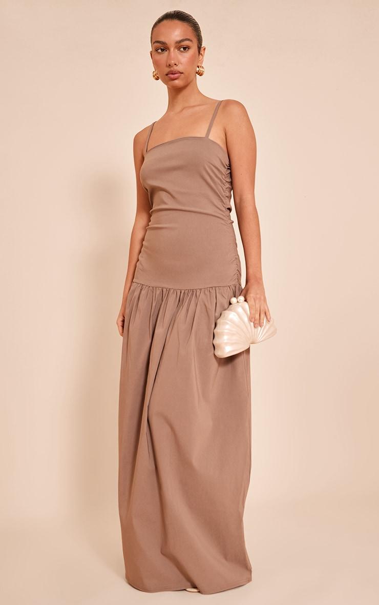 Taupe Stretch Woven Strappy Ruched Maxi Dress Product Image
