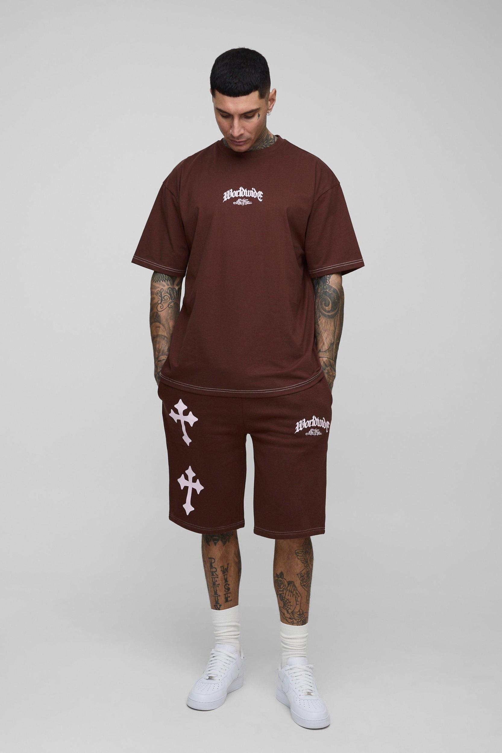 Tall Oversized Worldwide Cross Print T-Shirt & Short Set | boohooMAN USA Product Image
