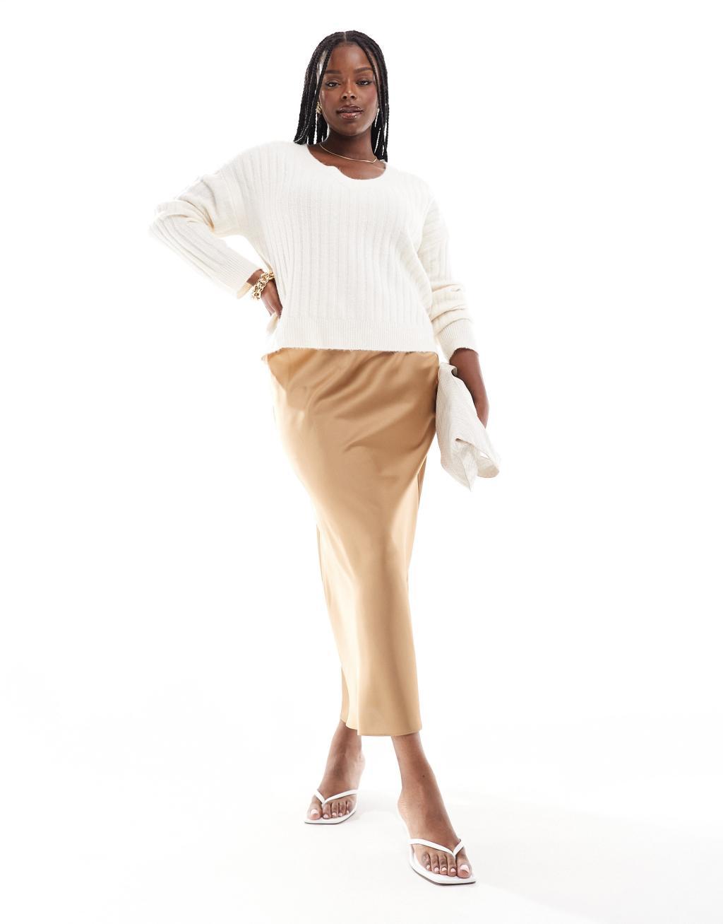 ASOS DESIGN Curve v neck ribbed sweater in cream Product Image