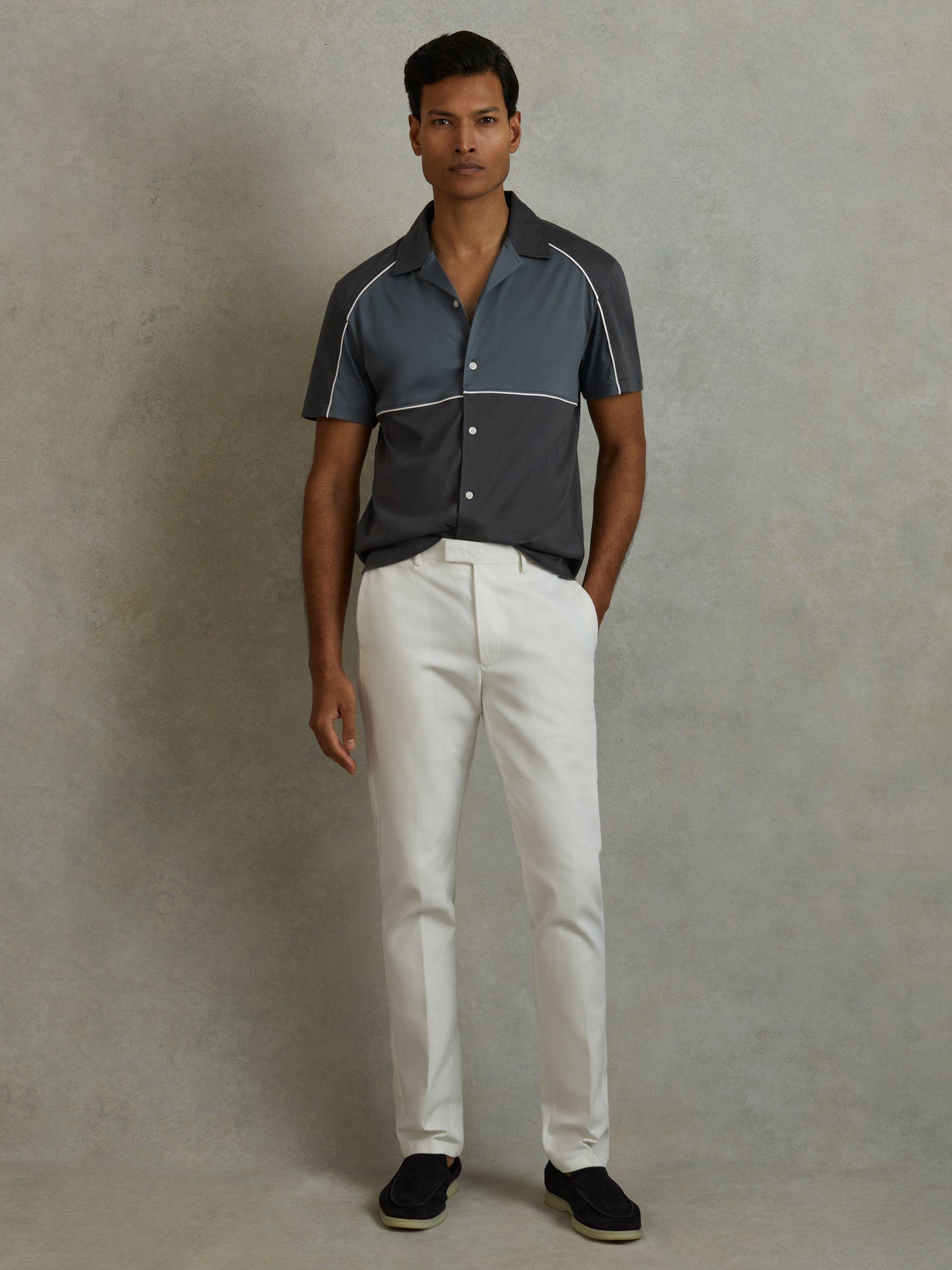 Mercerised Cotton Colourblock Cuban Collar Shirt in Blue Multi Product Image