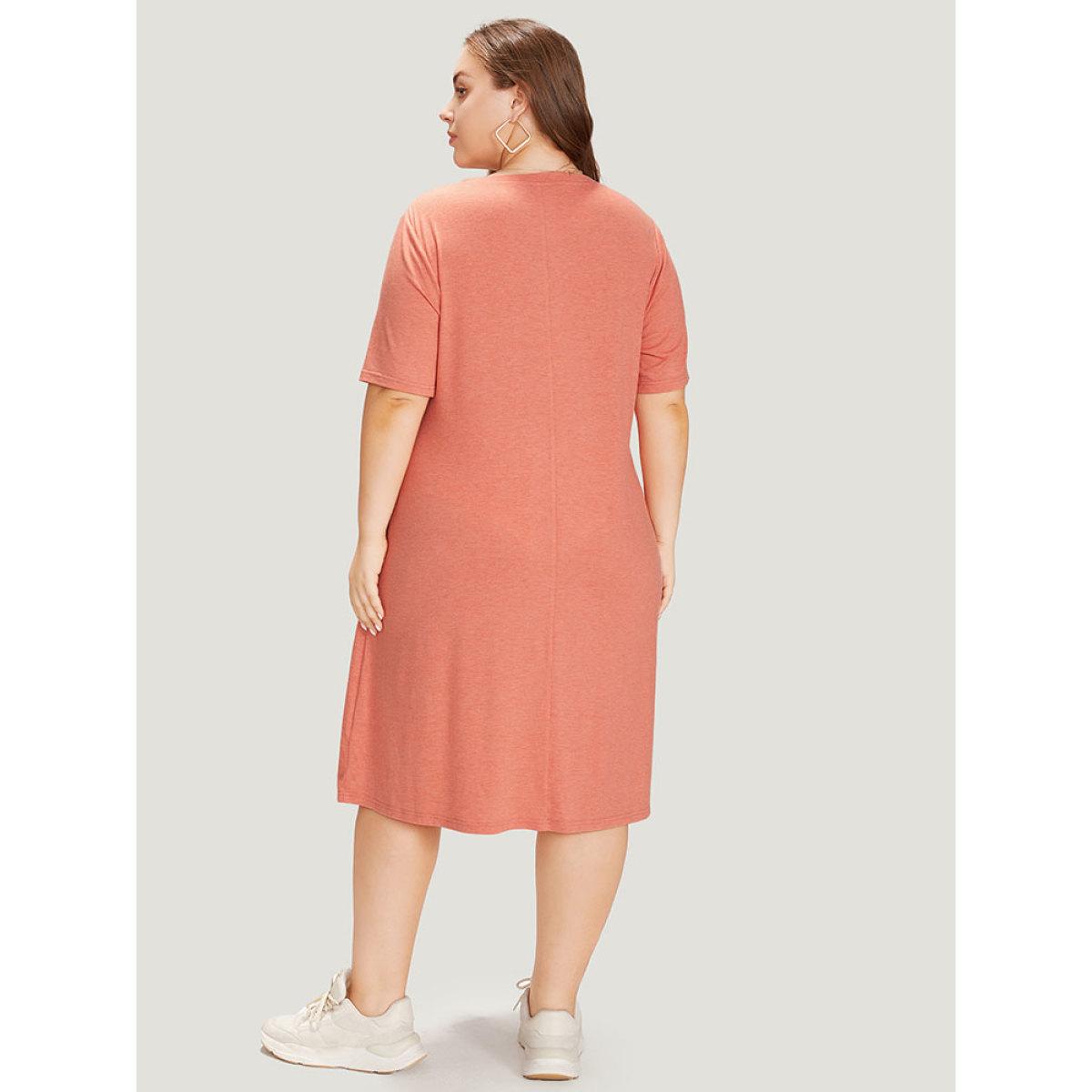 Plus Size Supersoft Essentials Letter Print Pocket Crisscross Neck Dress Coral Women Casual Plain Curvy Midi Dress BloomChic 18-20/2X Product Image