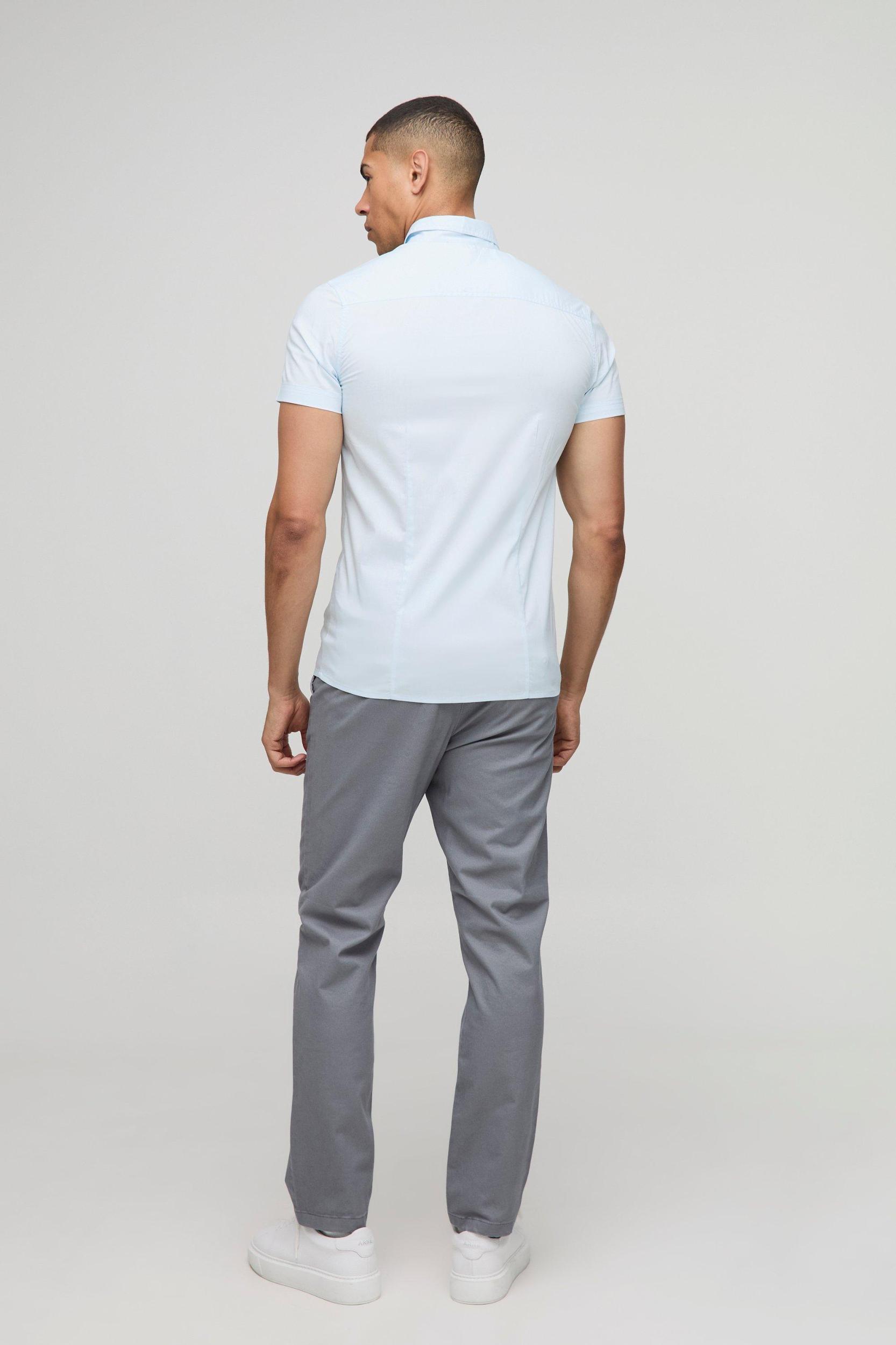Stretch Fit Basic Short Sleeve Collared Shirt | boohooMAN USA Product Image
