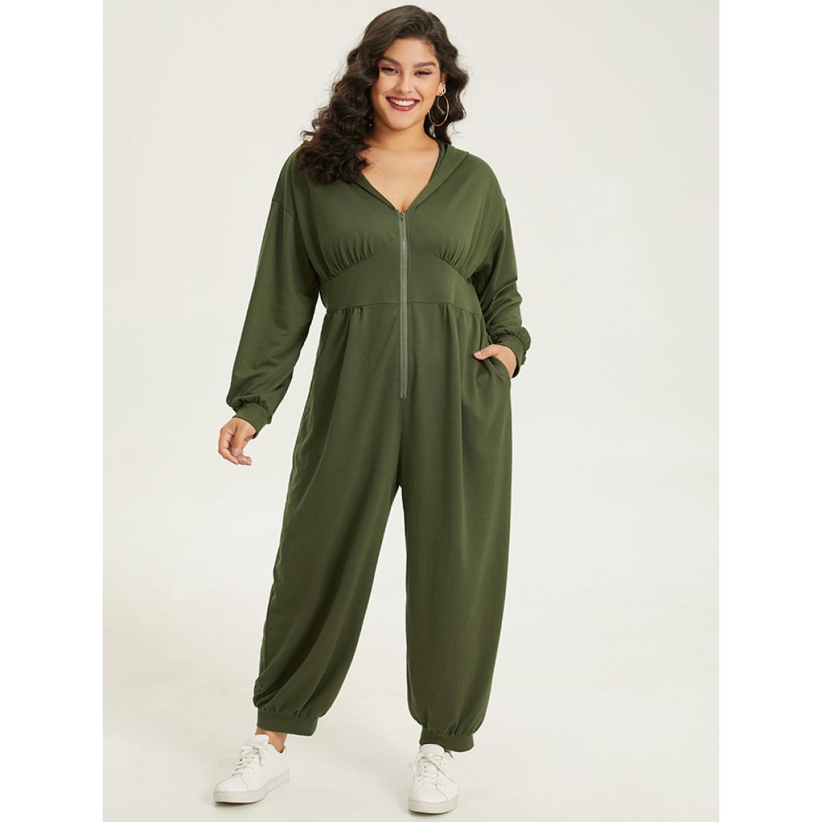Plus Size ArmyGreen Solid Half Zip Hooded Gathered Jumpsuit Women Casual Long Sleeve Hooded Dailywear Loose Jumpsuits BloomChic 12/L Product Image