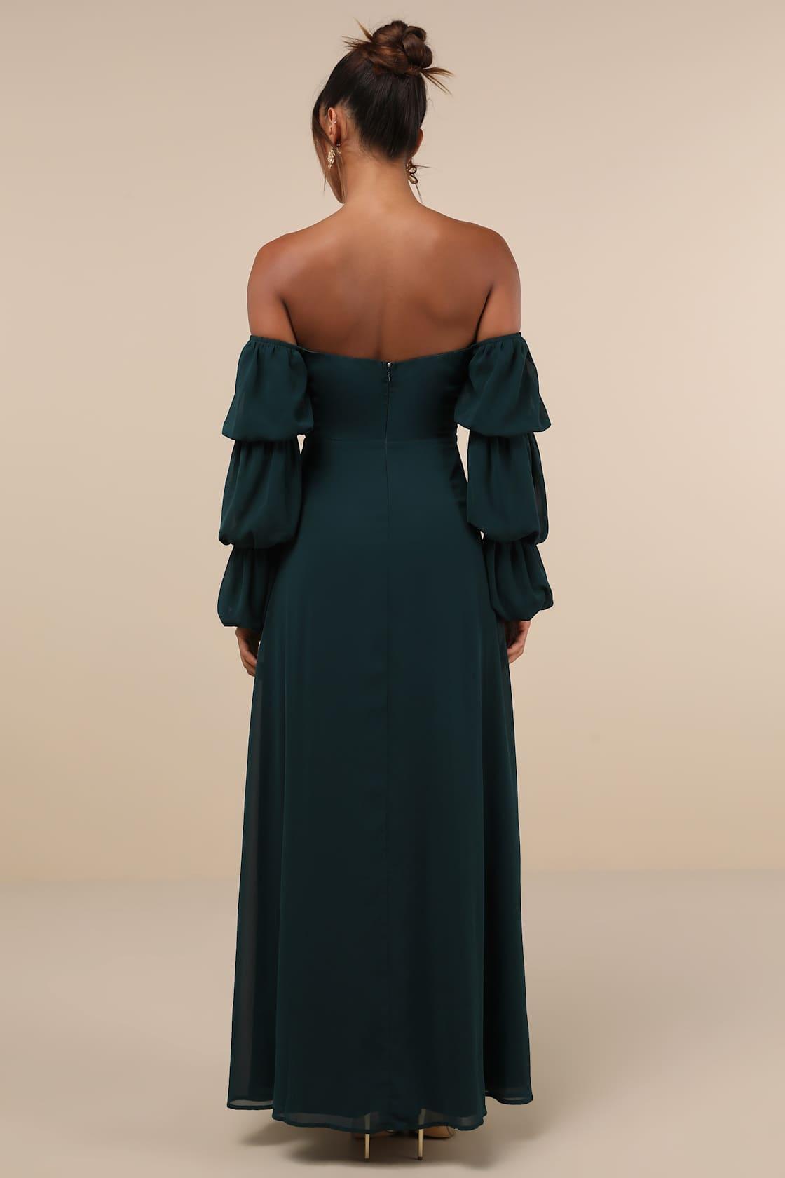 Demure Aura Emerald Tiered Balloon Sleeve Off-the-Shoulder Dress Product Image