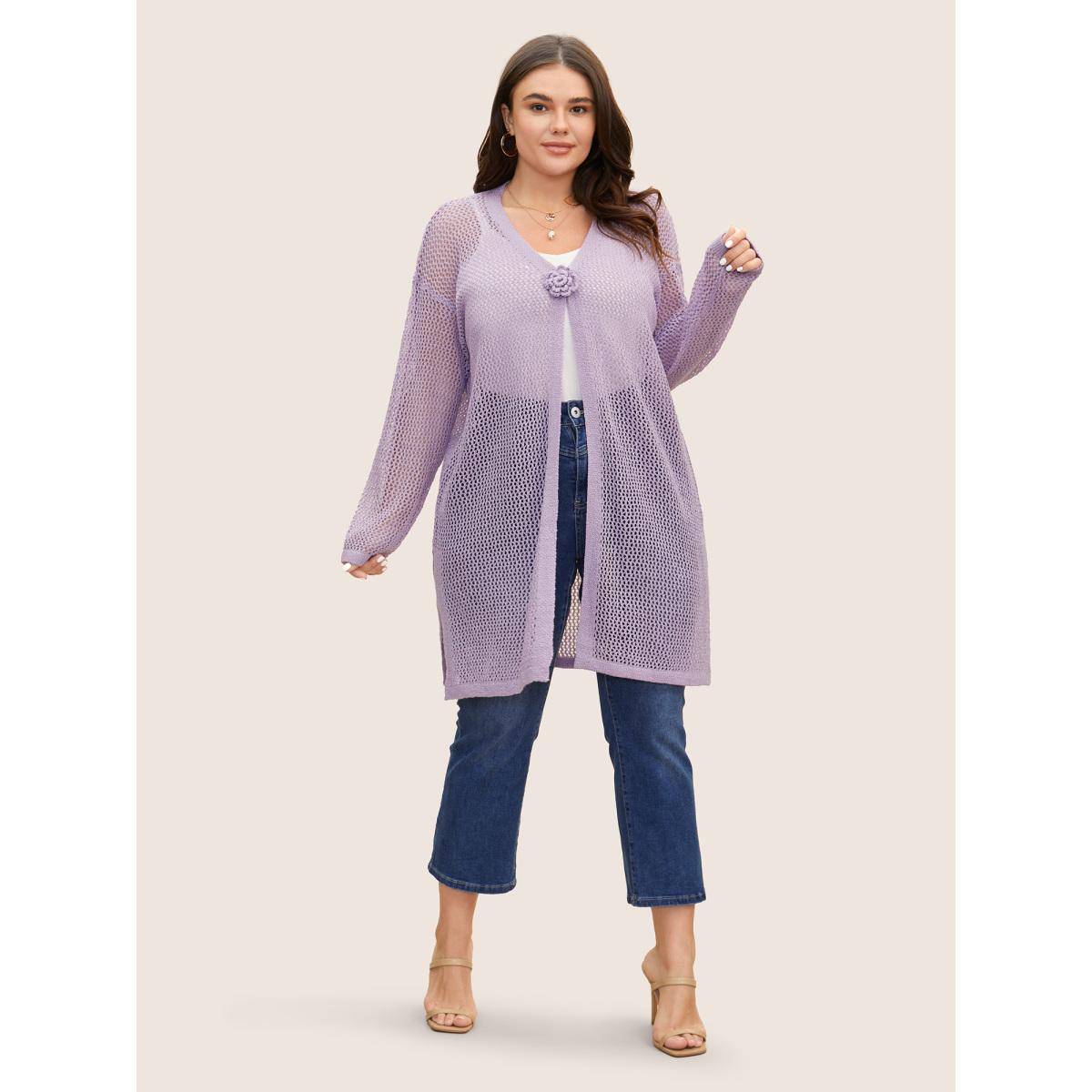 Plus Size Solid Stereo Flower Design Cut Out Cover Up Women's Swimwear Lavender Beach Loose Texture Curve Swim Cover Ups BloomChic 22-24/3X Product Image