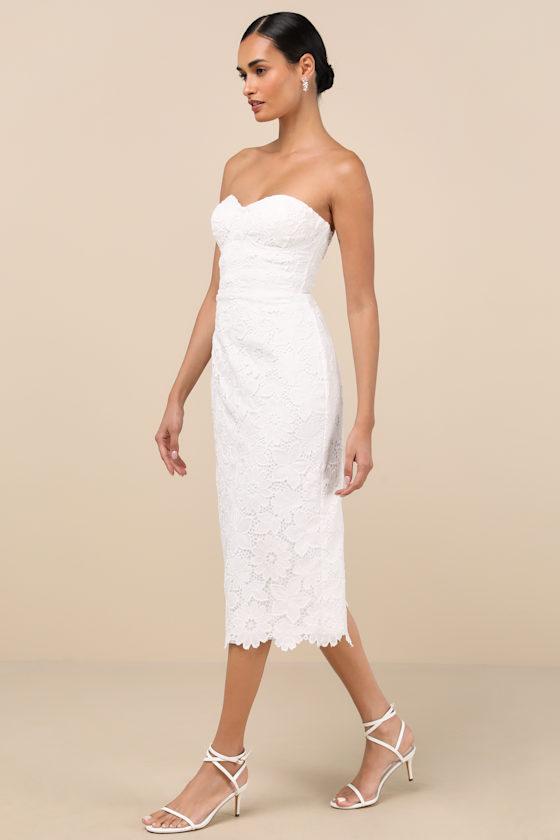 Aramis White Embroidered Lace Strapless Bustier Midi Dress Product Image