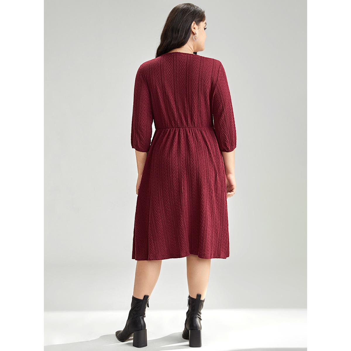 Plus Size Solid Half Zip Elastic Waist Lantern Sleeve Jacquard Dress Scarlet Women Casual Elastic cuffs V-neck Elbow-length sleeve Curvy Midi Dress BloomChic 12/L Product Image