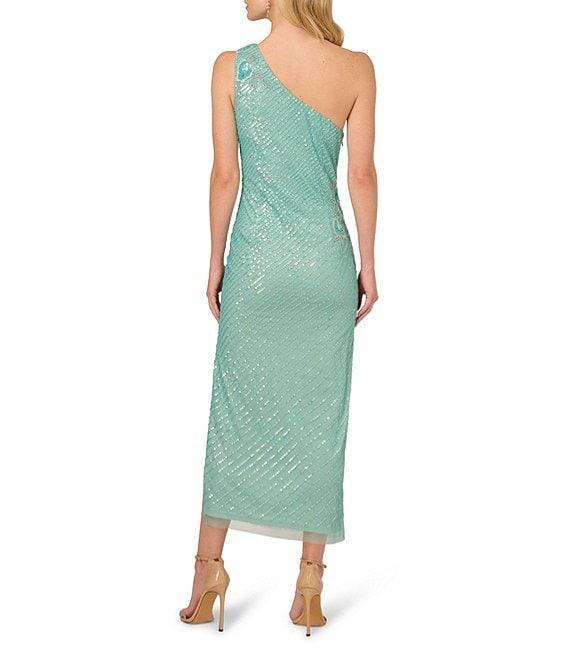 Adrianna Papell Beaded Mesh Floral One Shoulder Neck Sleeveless Sheath Midi Dress Product Image