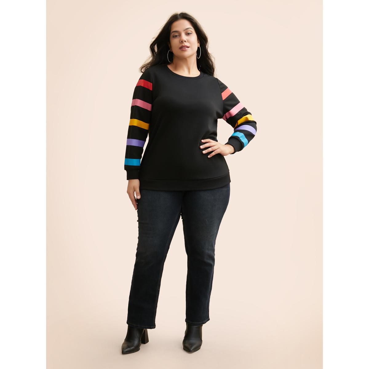 Plus Size Colored Striped Patchwork Slightly Stretchy Sweatshirt Women Black Casual Contrast Non Everyday Sweatshirts BloomChic 26/4X Product Image