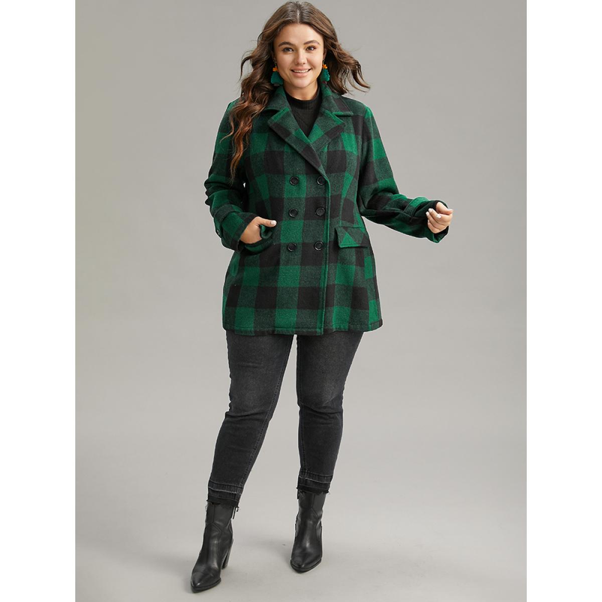 Plus Size Plaid Lapel Collar Flap Detail Double Breasted Coat Women DarkGreen Casual Contrast Ladies Dailywear Winter Coats BloomChic 28/5X Product Image