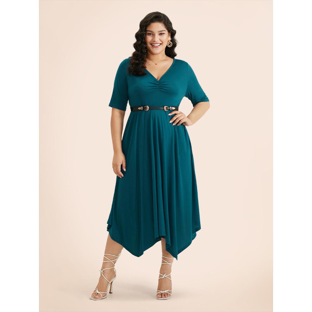 Plus Size Solid Ruched Pocket Asymmetrical Hem Dress Cerulean Women Elegant Gathered V-neck Short sleeve Curvy Midi Dress BloomChic 28/5X Product Image