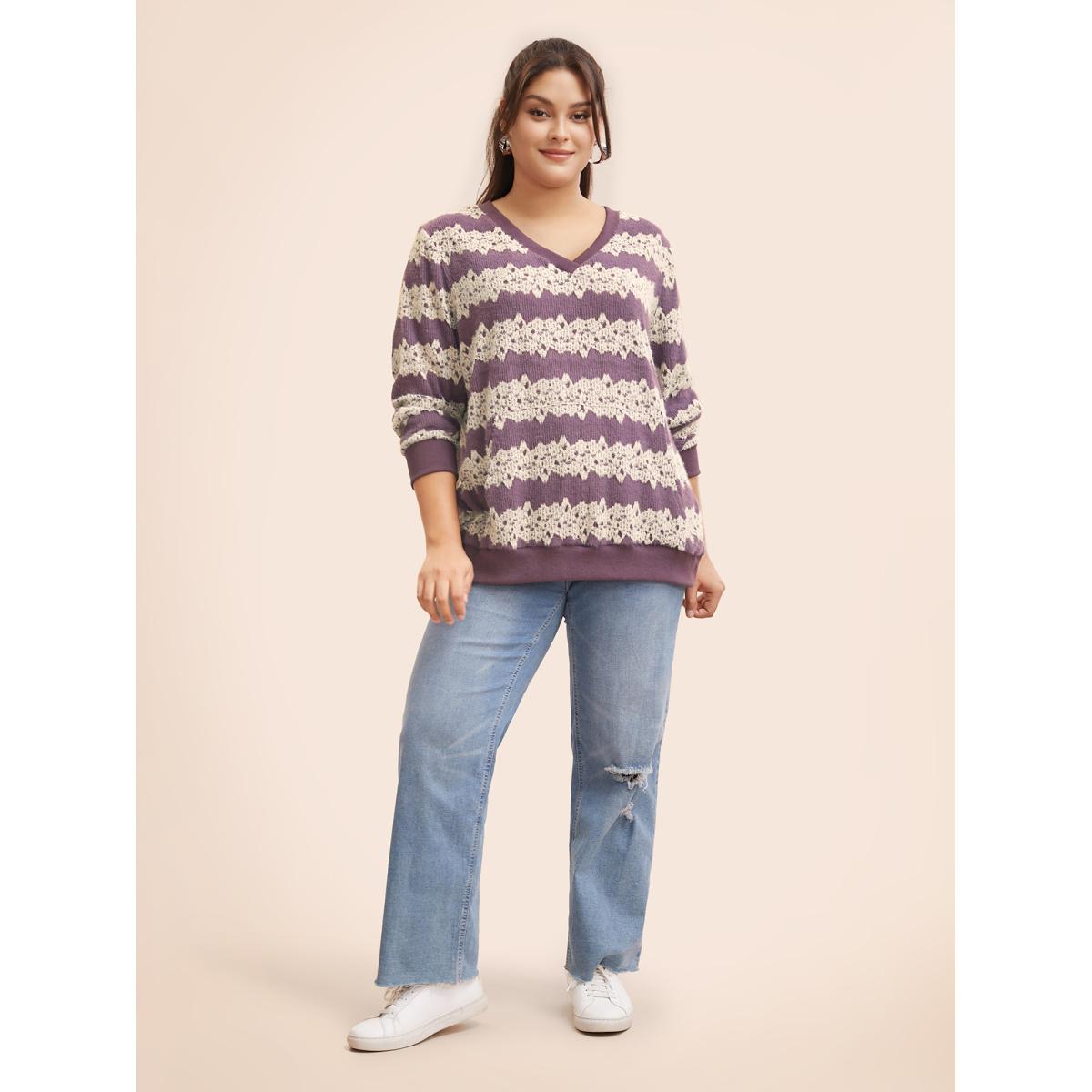 Plus Size Striped Patchwork Contrast Texture Sweatshirt Women Mauve Casual Texture Loose V-neck Everyday Sweatshirts BloomChic 28/5X Product Image