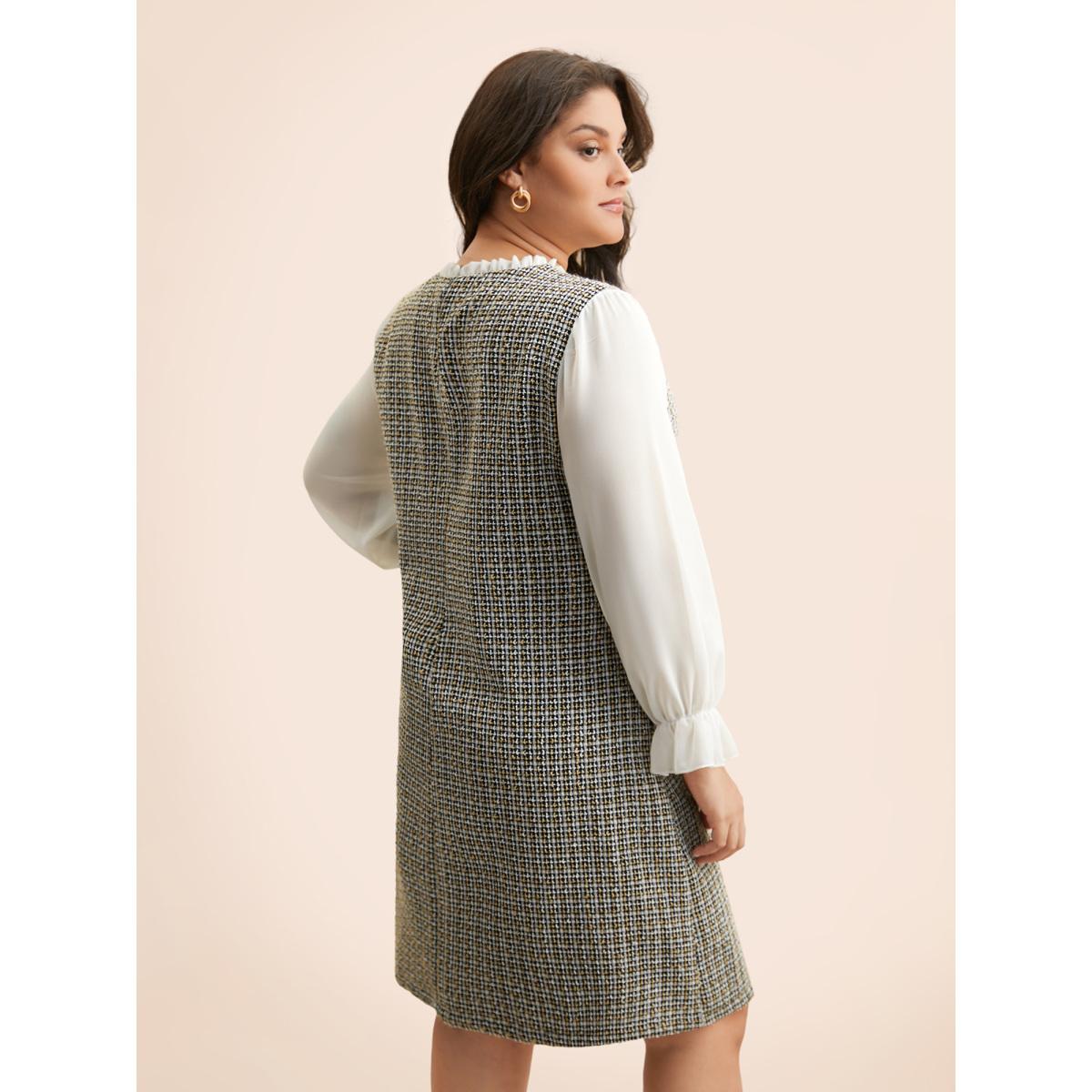 Plus Size Tweed Patchwork Ruffle Trim Dress Black Women Elegant Texture Mock Neck Long Sleeve Curvy BloomChic 30/6X Product Image