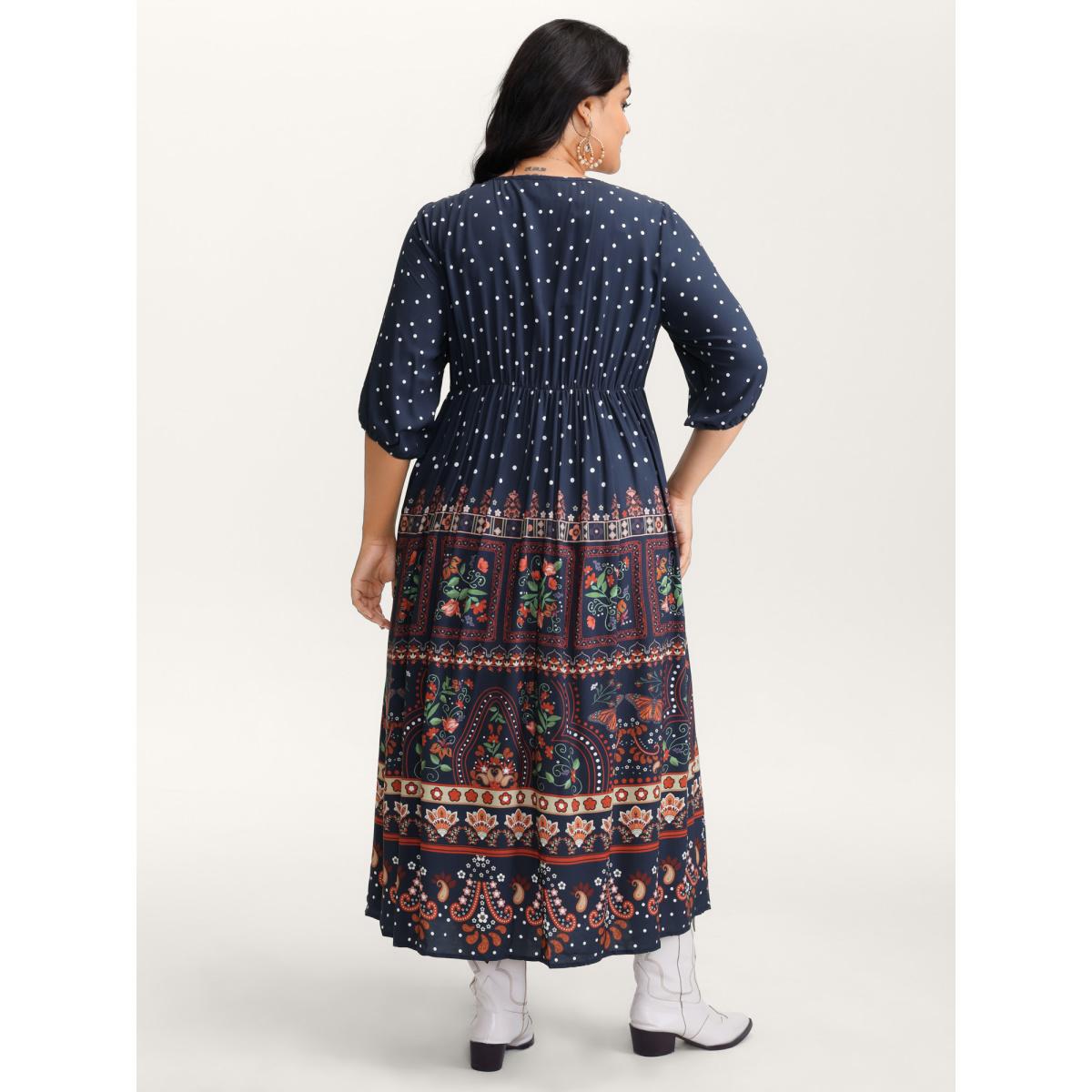 Plus Size Boho Floral Print Pockets Contrast Maxi Dress DarkBlue Women Boho V-neck Elbow-length sleeve Curvy BloomChic 18-20/2X Product Image