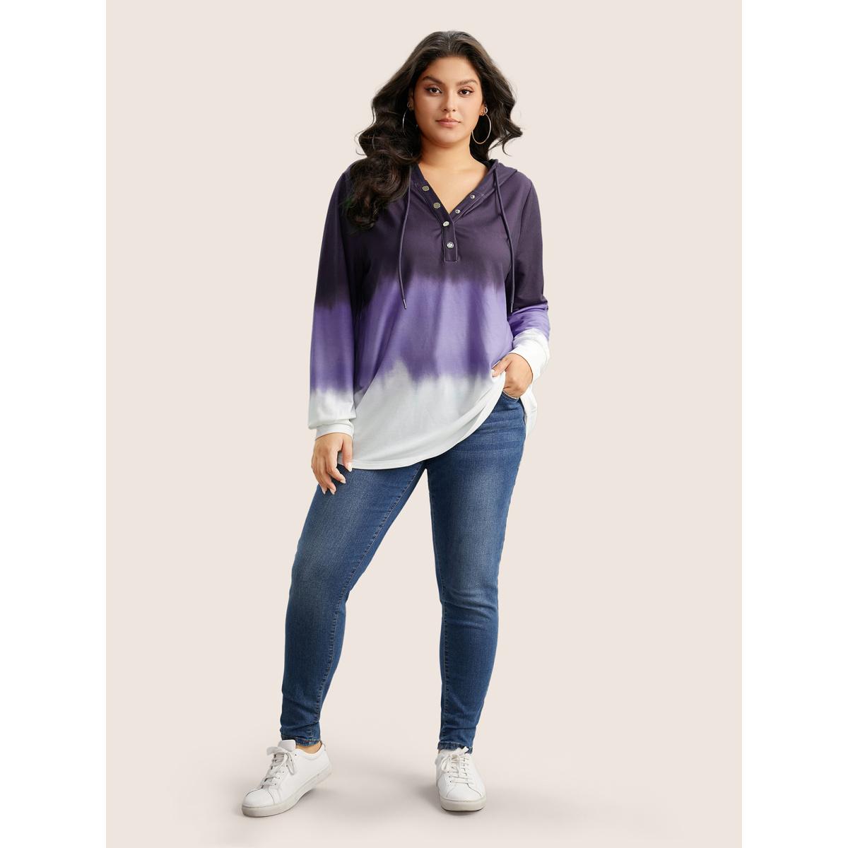 Plus Size Tie Dye Button Up Hooded Drawstring Sweatshirt Women Eggplant Casual Button Hooded Everyday Sweatshirts BloomChic 22-24/3X Product Image
