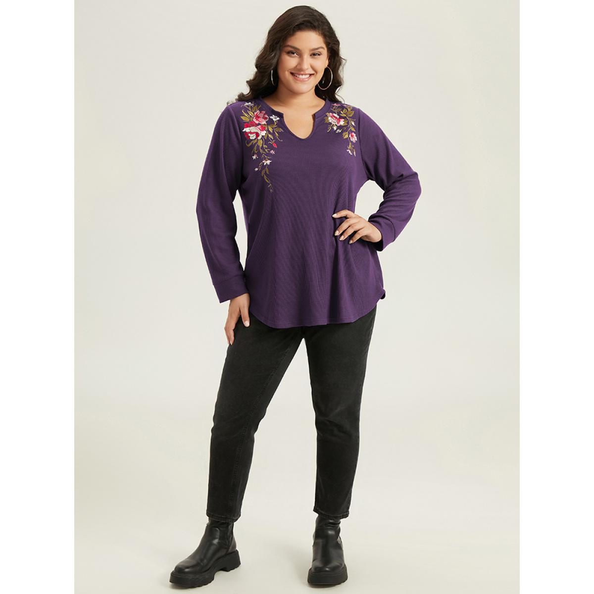 Plus Size Floral Embroidered Notched Arc Hem Sweatshirt Women Mauve Casual Embroidered Notched collar Dailywear Sweatshirts BloomChic 22-24/3X Product Image