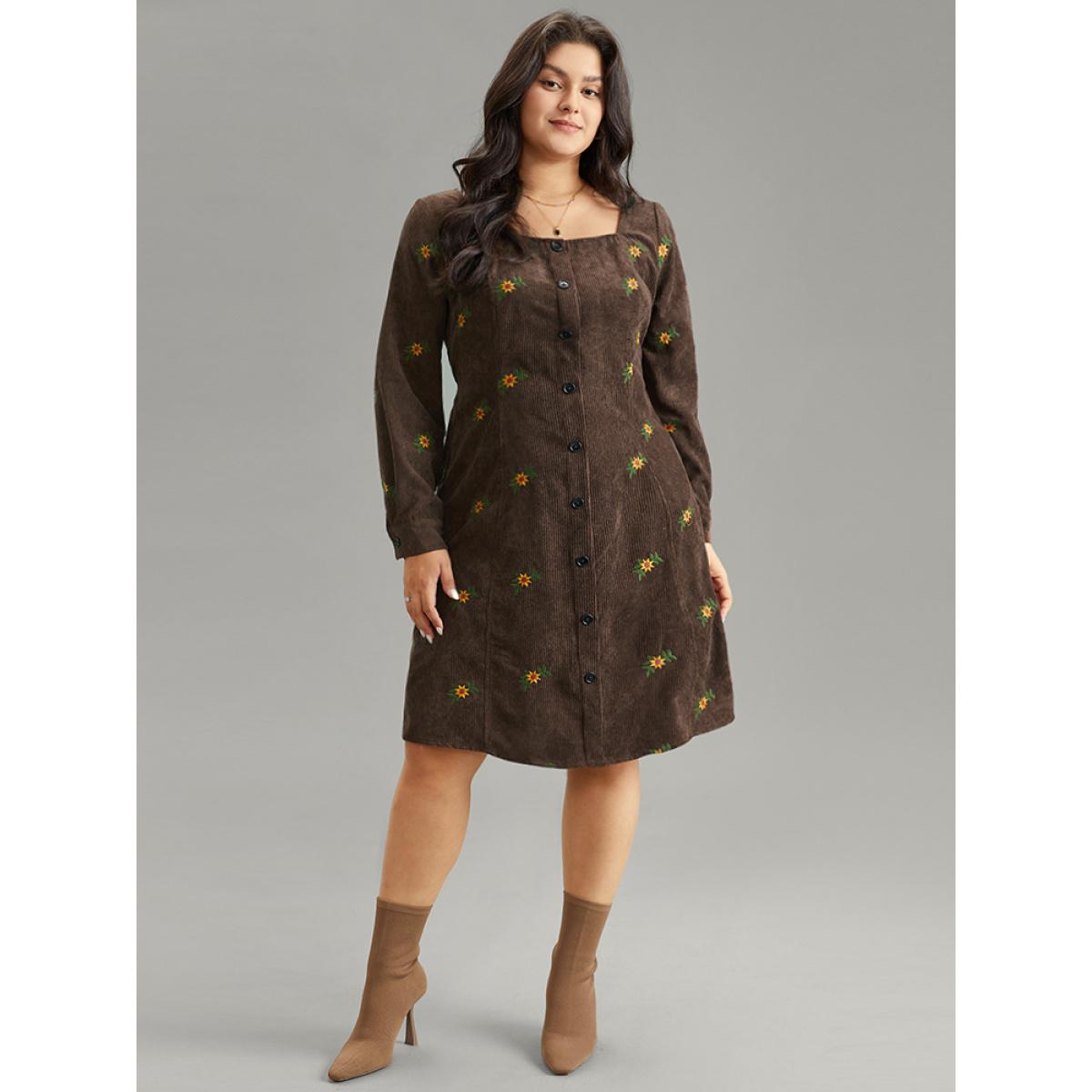 Plus Size Ditsy Floral Embroidered Corduroy Square Neck Dress DarkBrown Women Elegant Elastic cuffs Square Neck Long Sleeve Curvy Midi Dress BloomChic 10/M Product Image