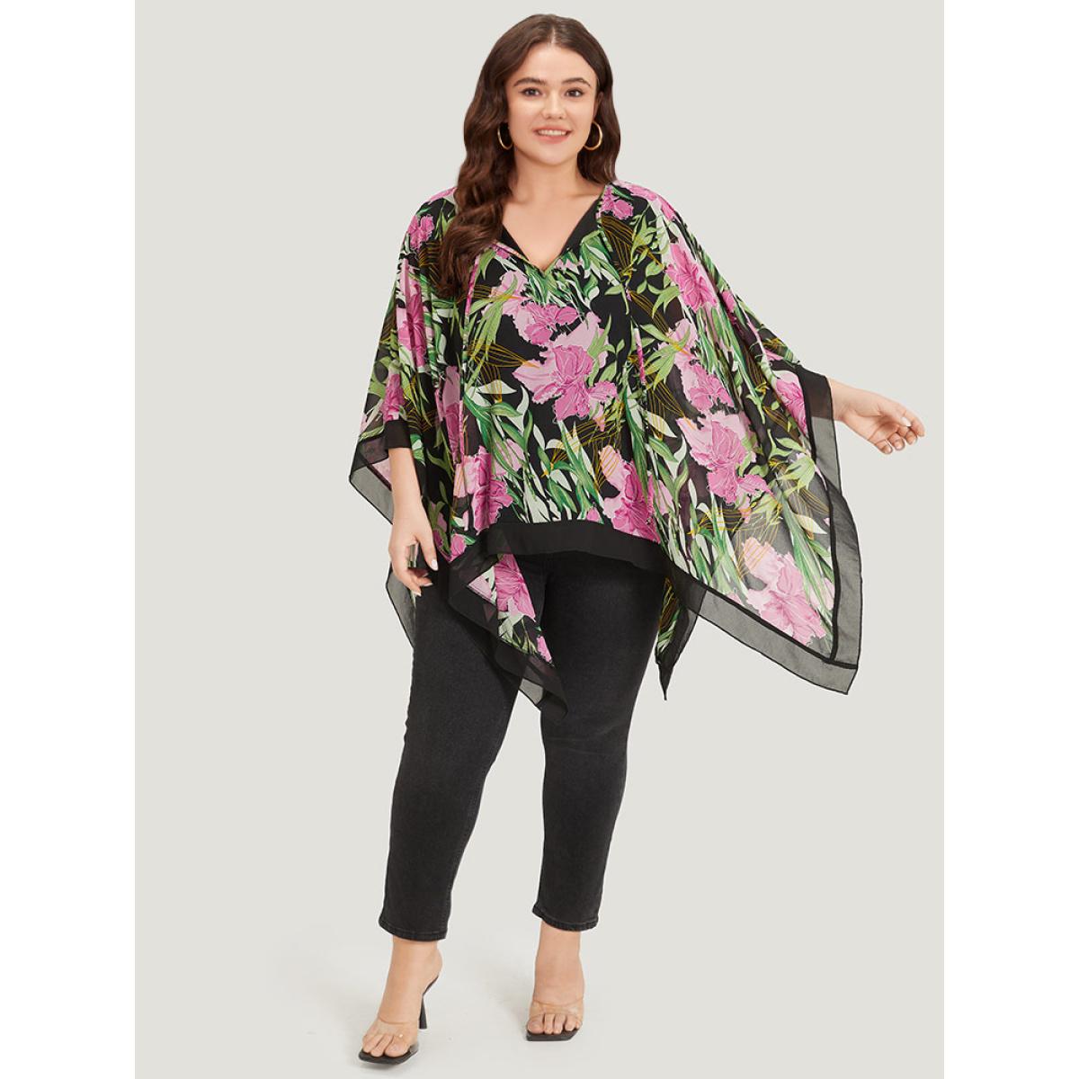 Plus Size Multicolor Floral Ties Batwing Sleeve Hanky Hem Layered Blouse Women Glamour Elbow-length sleeve Tie Neck Going out Blouses BloomChic 10/M Product Image