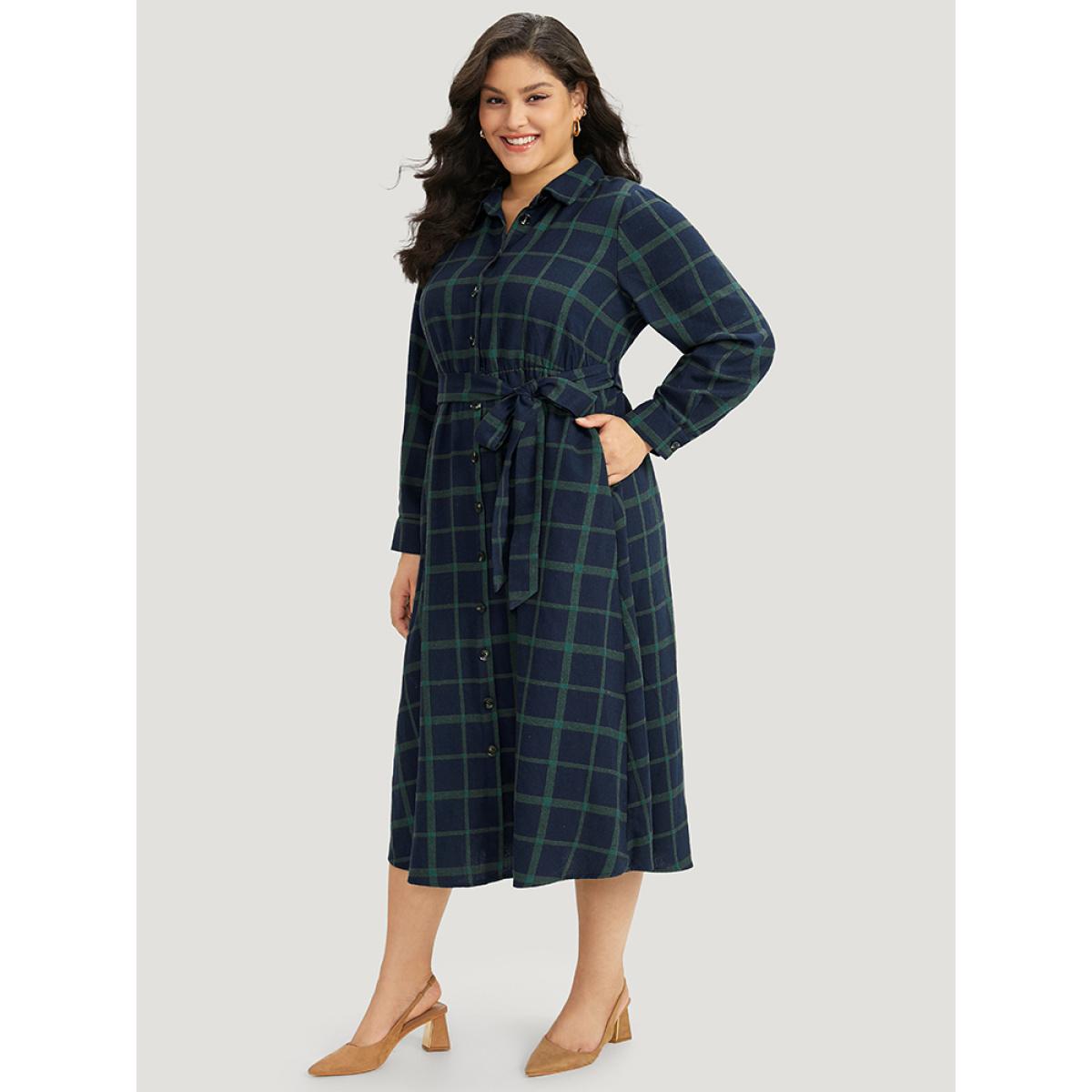 Plus Size Plaid Shirt Collar Button Fly Belted Dress Blue Women Office Belted Shirt collar Long Sleeve Curvy Midi Dress BloomChic 26/4X Product Image