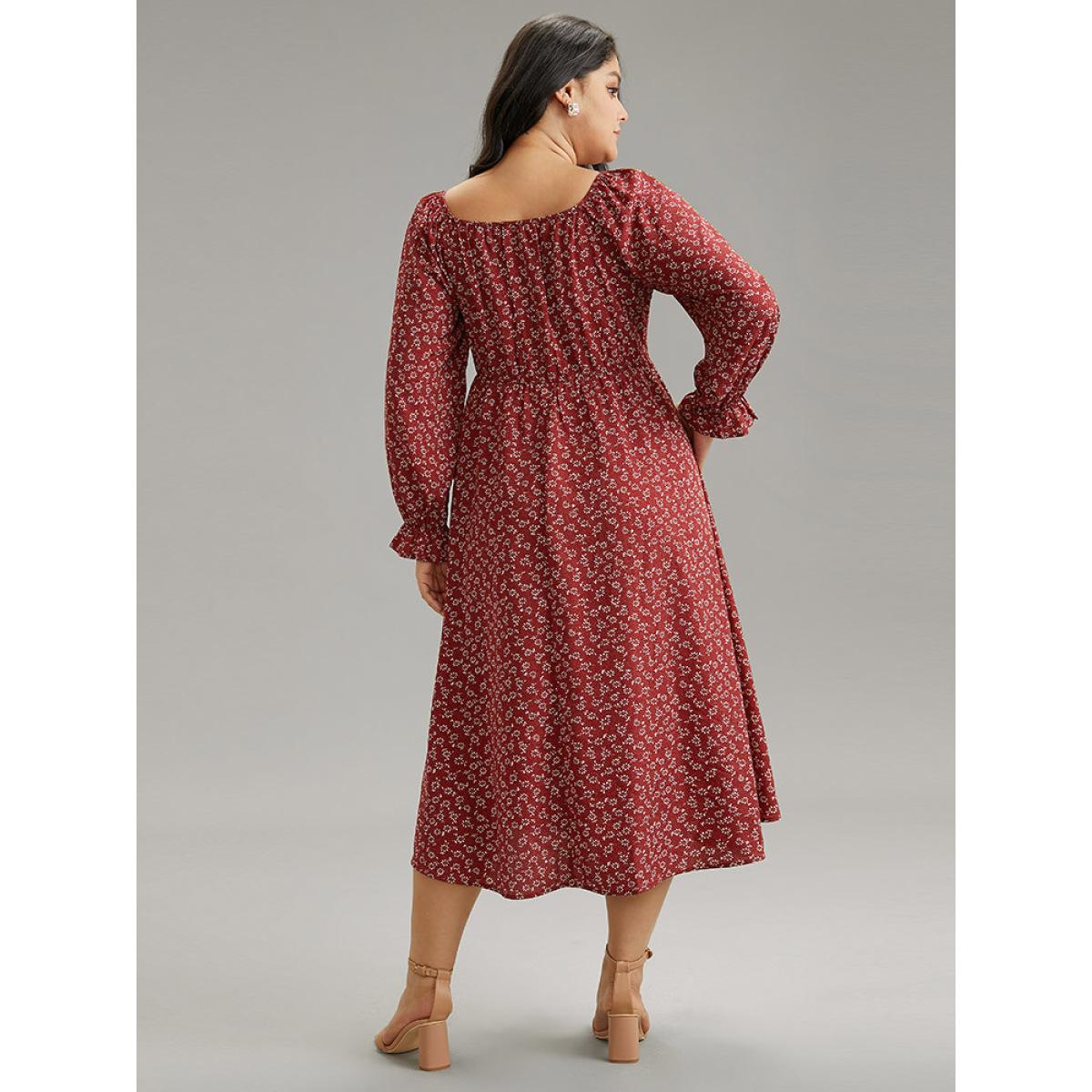 Plus Size Ditsy Floral Square Neck Shirred Gathered Dress DustyPink Women Elegant Gathered Square Neck Long Sleeve Curvy Midi Dress BloomChic 28/5X Product Image