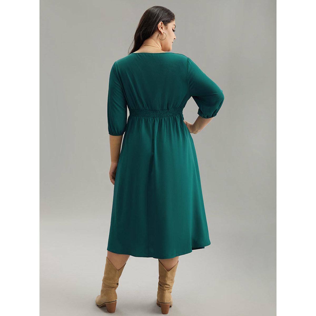 Plus Size Anti-Wrinkle Square Neck Pleated Gathered Dress Aegean Women Vacation Elastic cuffs Square Neck Elbow-length sleeve Curvy Midi Dress BloomChic 10/M Product Image