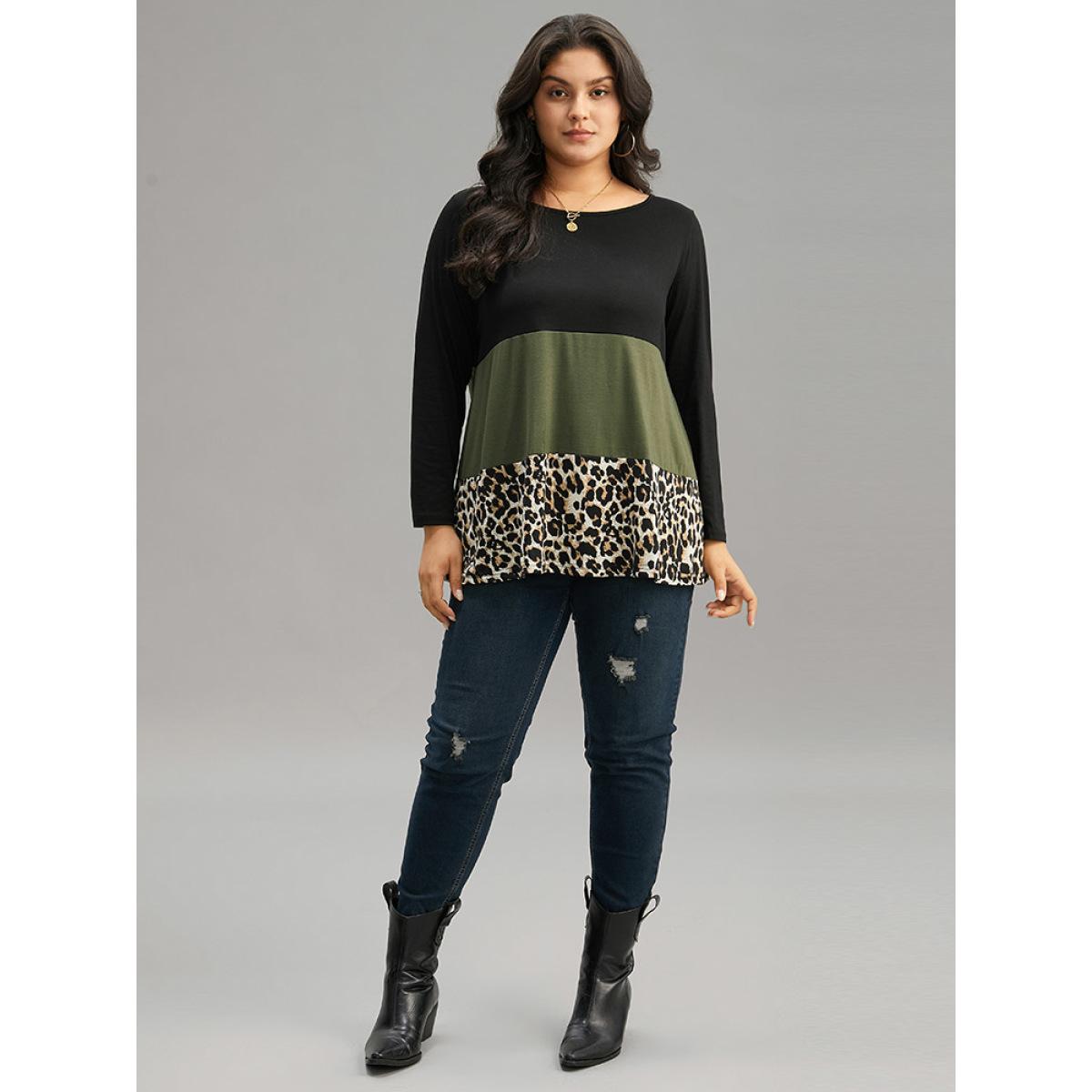 Plus Size Colorblock Leopard Contrast Round Neck T-shirt Multicolor Women Leisure Contrast Leopard Round Neck Casual T-shirts BloomChic 12/L Product Image