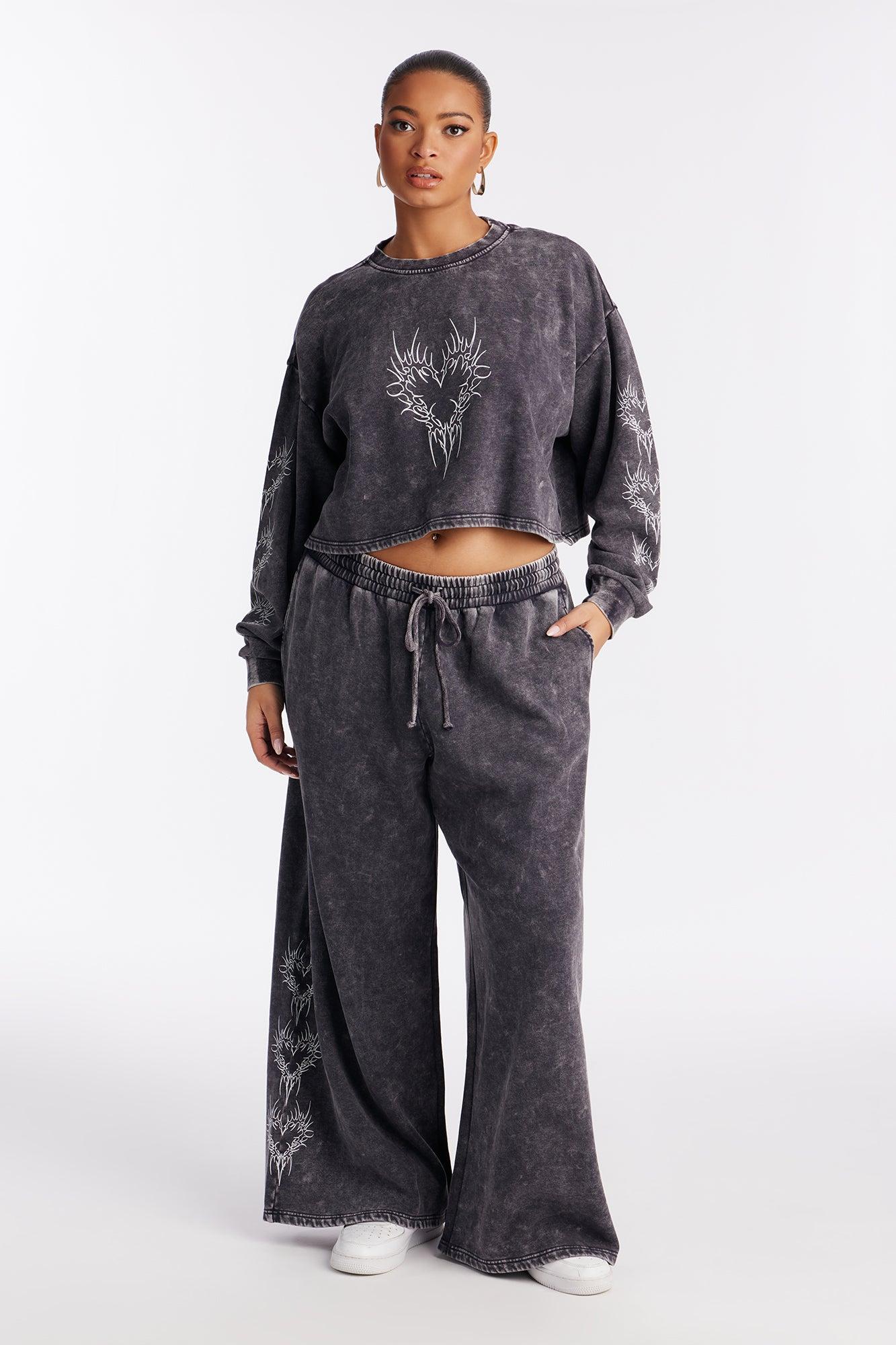 Heart Of Flames Washed Fleece Pant Set - Charcoal Female Product Image