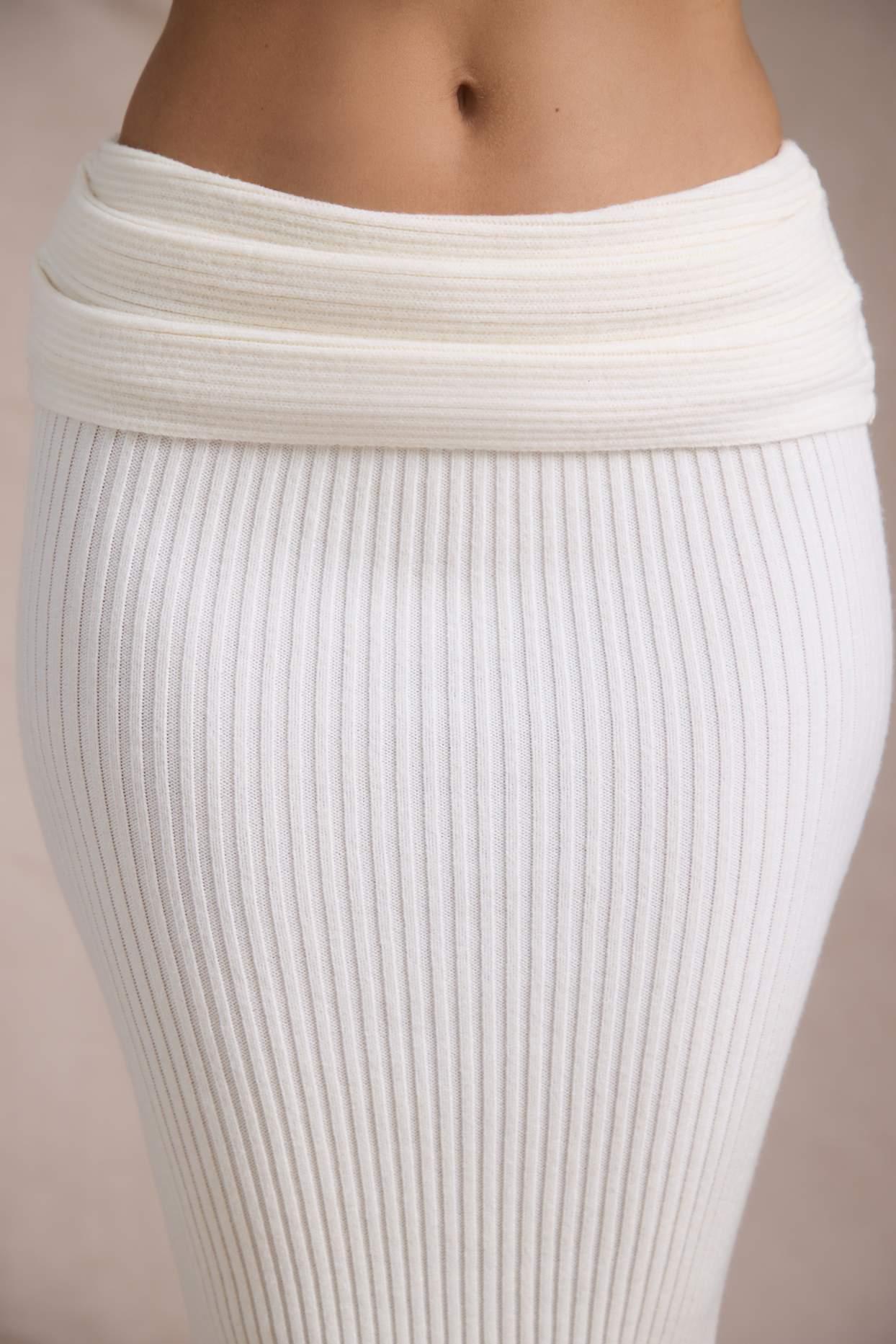 Ribbed-Knit Foldover Maxi Skirt in Ivory Product Image