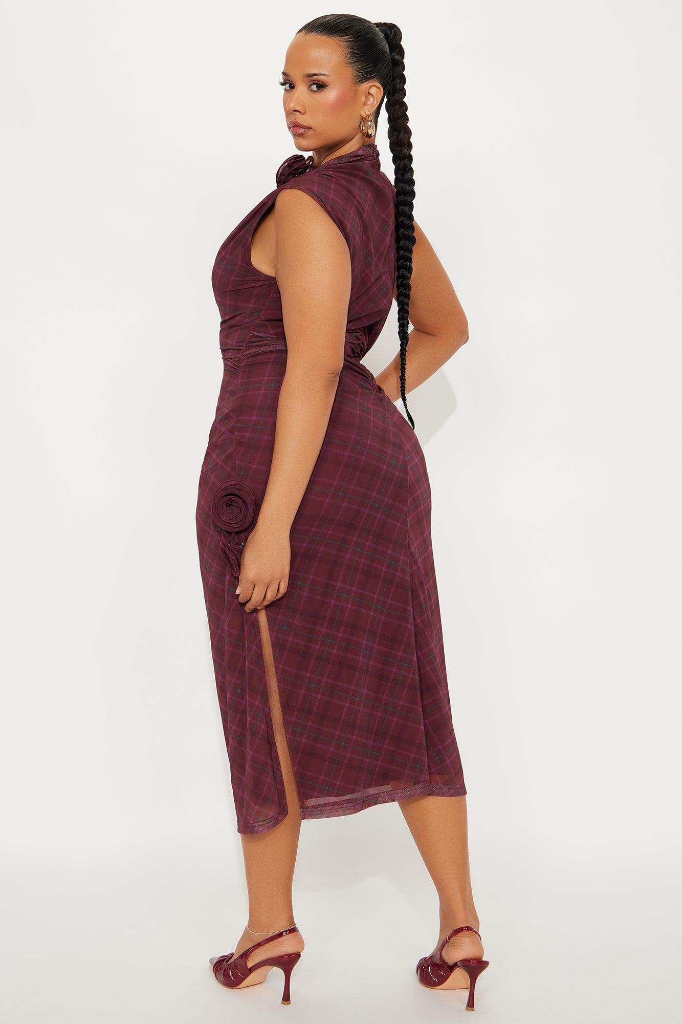 Rosie Ruched Plaid Mini Dress - Burgundy Female Product Image
