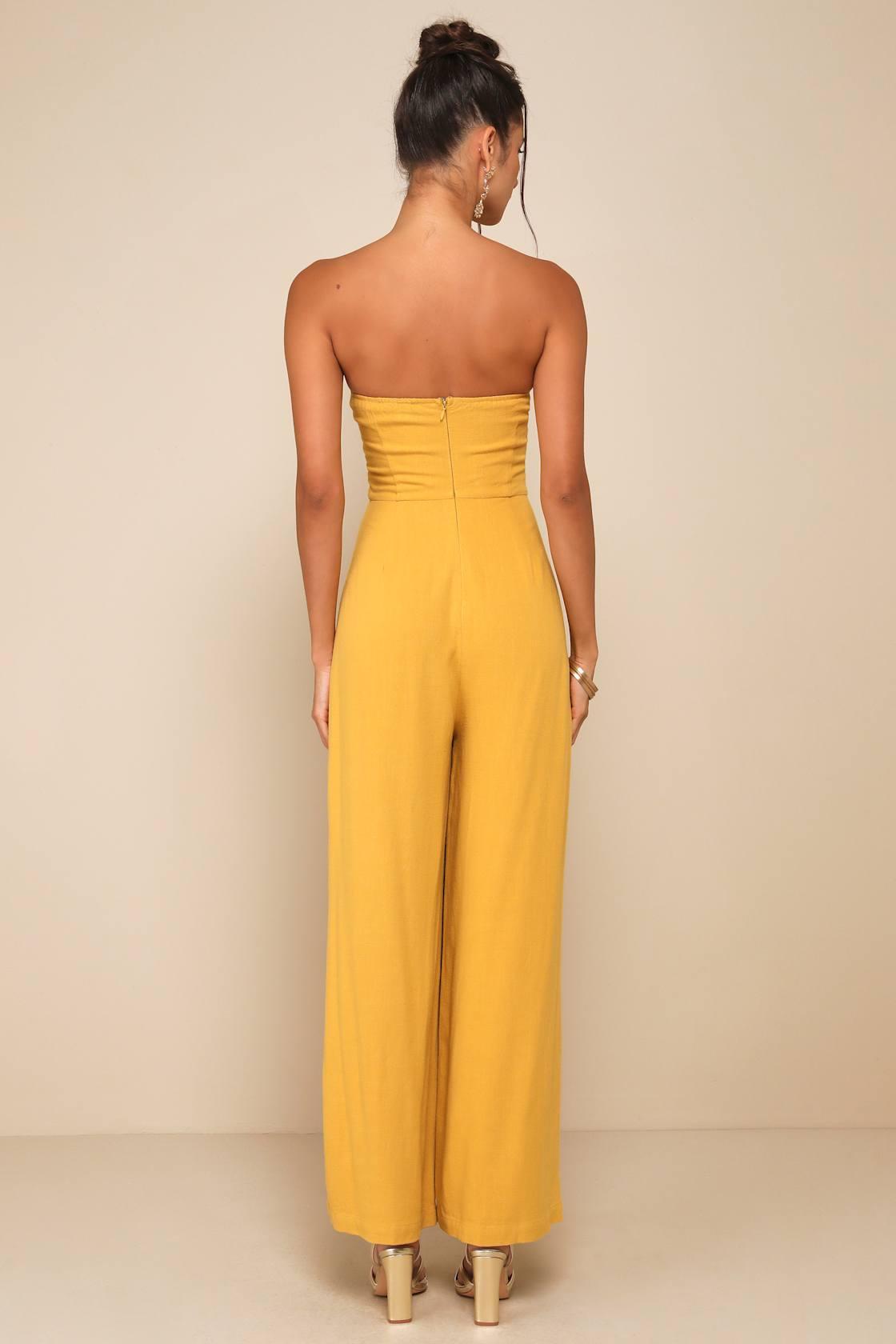 Breezy Essential Mustard Yellow Linen Wide-Leg Jumpsuit Product Image