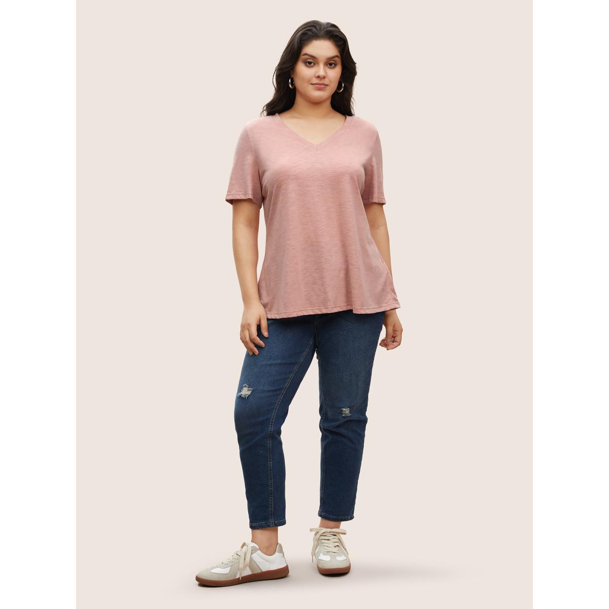 Plus Size V Neck Heather Cotton Blended T-shirt Pink Women Casual V-neck Everyday T-shirts BloomChic 18-20/2X Product Image