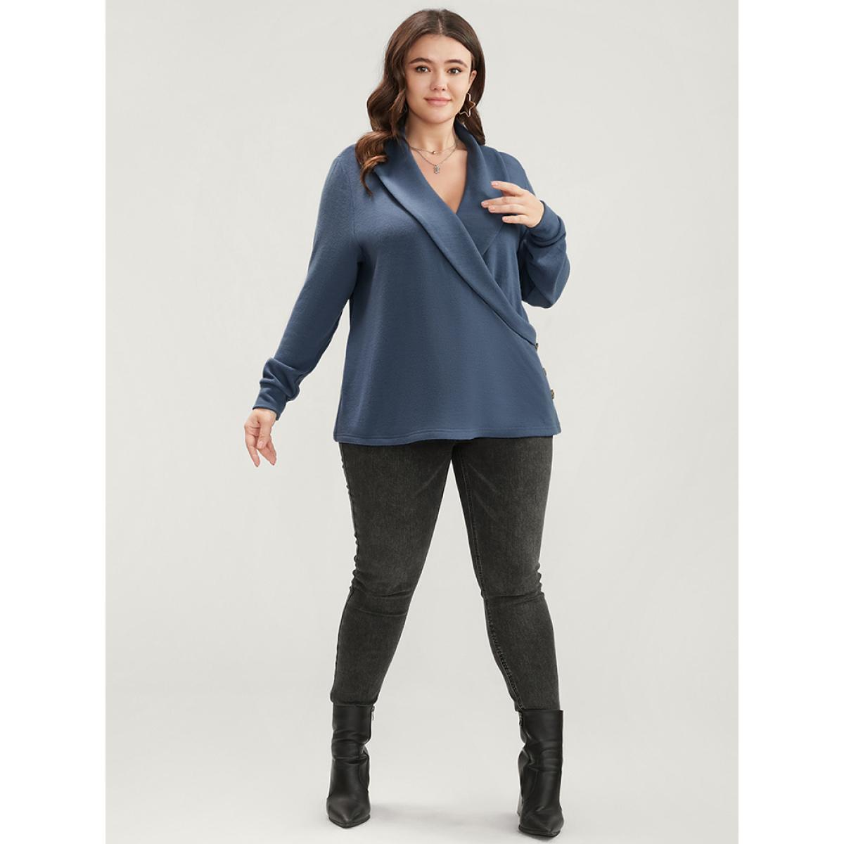 Plus Size Solid Button Detail Lapel Collar Sweatshirt Women Stone Office Wrap Lapel Collar Dailywear Sweatshirts BloomChic 18-20/2X Product Image