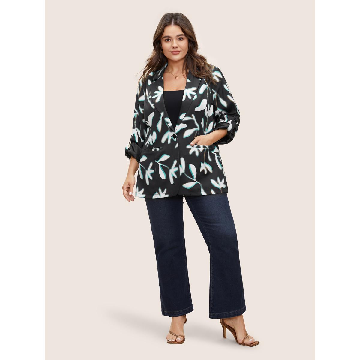 Plus Size Plants Print Suit Collar Button Up Tab Sleeve Blazer BlackFlower Women Work Plants Non Sleeve Long Sleeve Suit Collar 12/L Single-flap pocket At the Office Blazers BloomChic Product Image