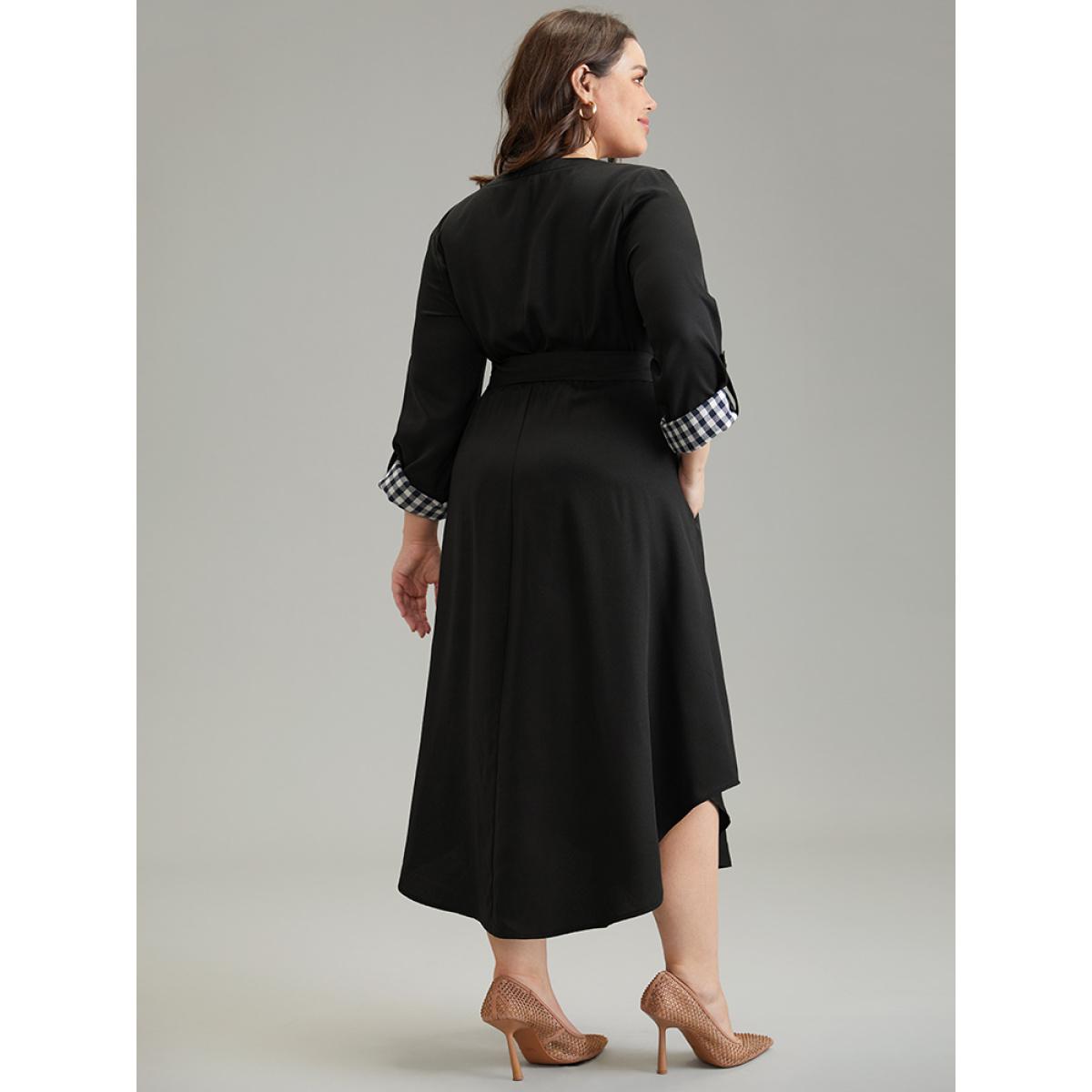 Plus Size Gingham Notched Belted Curved Hem Tab Sleeve Dress Black Women Office Plain Notched collar Long Sleeve Curvy Midi Dress BloomChic 26/4X Product Image