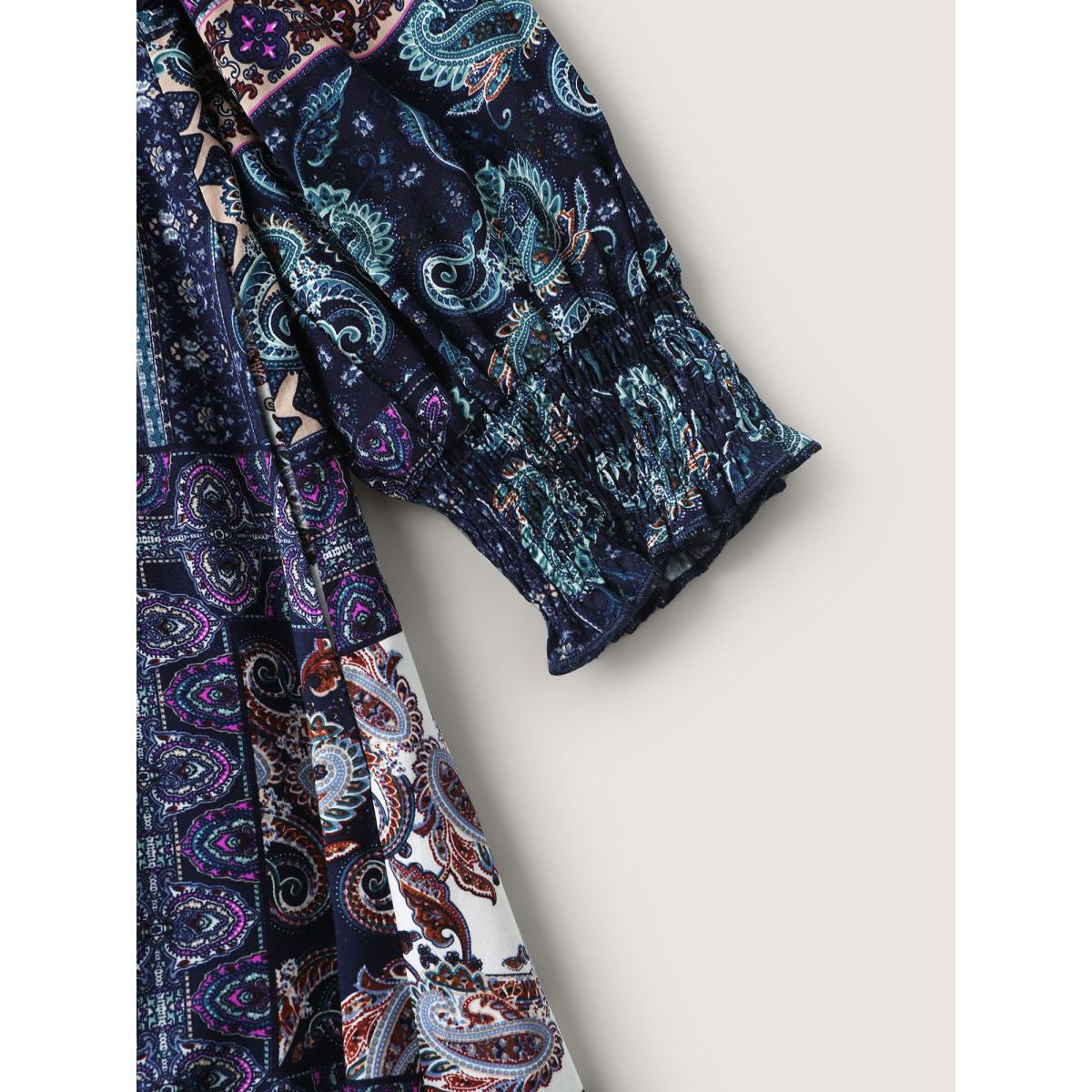 Plus Size Rayon Floral Collage Shirred Maxi Dress DarkBlue Women Boho Non V-neck Elbow-length sleeve Curvy BloomChic 30/6X Product Image