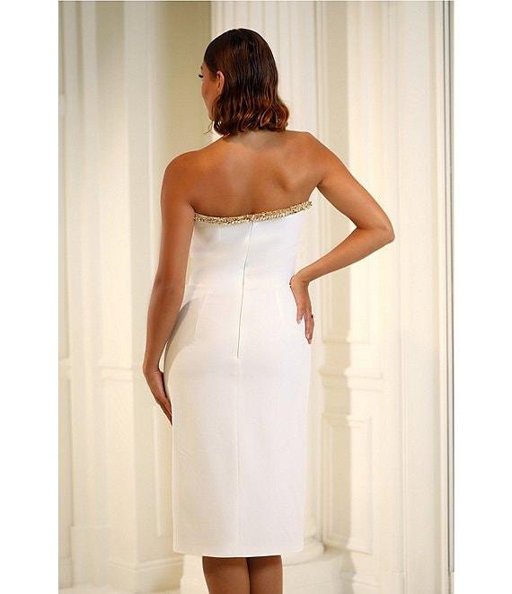Terani Couture Beaded Trim Strapless Crepe Sheath Midi Dress Product Image