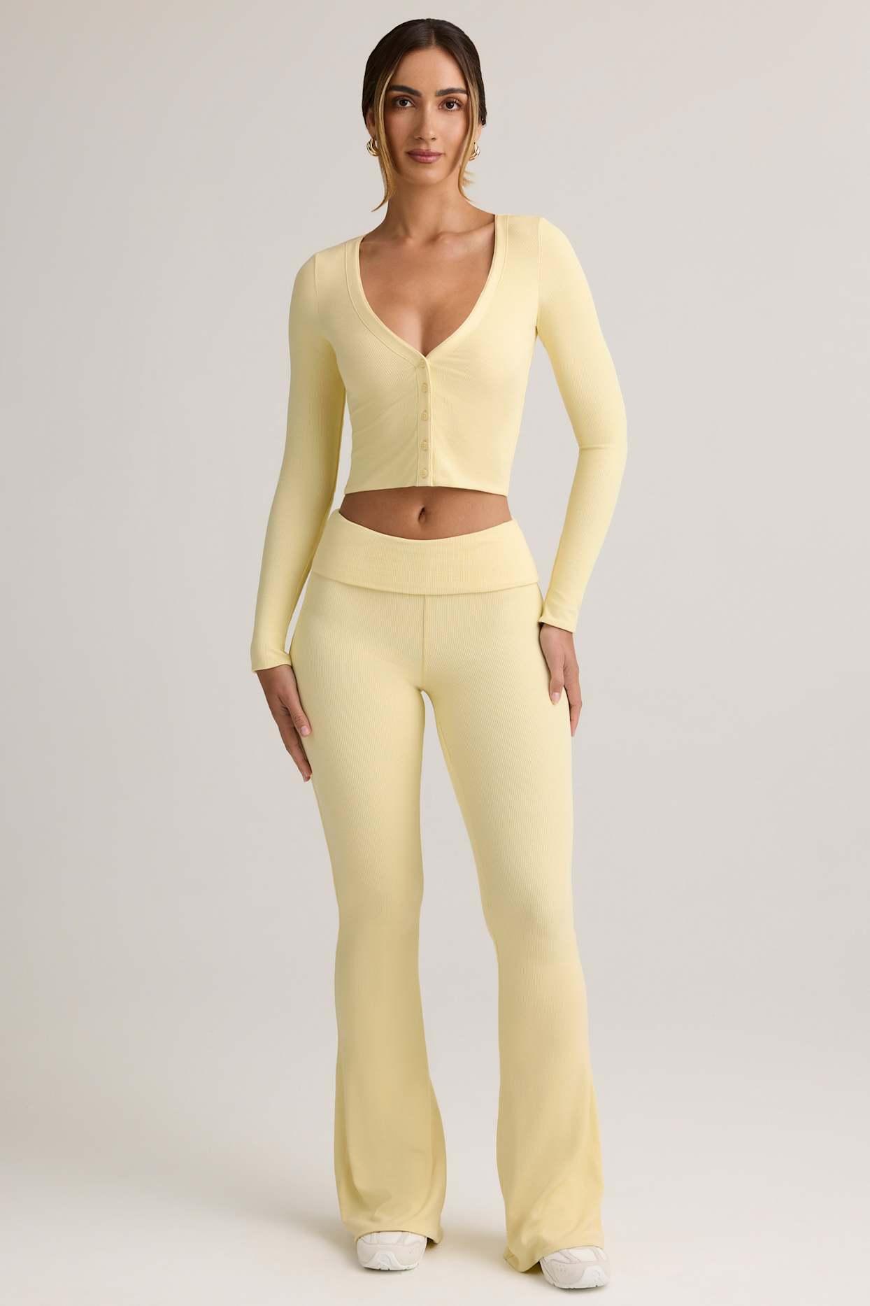 Modal Ribbed Foldover Flared Trousers in Buttercream Yellow Product Image