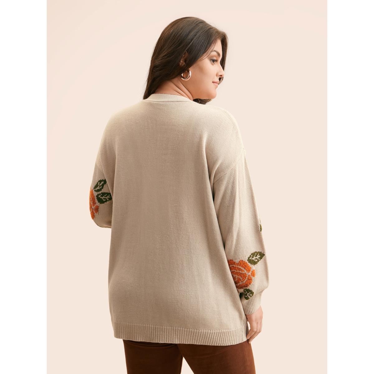Plus Size Floral Texture Patch Pocket Cardigan LightBrown Women Casual Loose Long Sleeve Everyday Cardigans BloomChic 28/5X Product Image