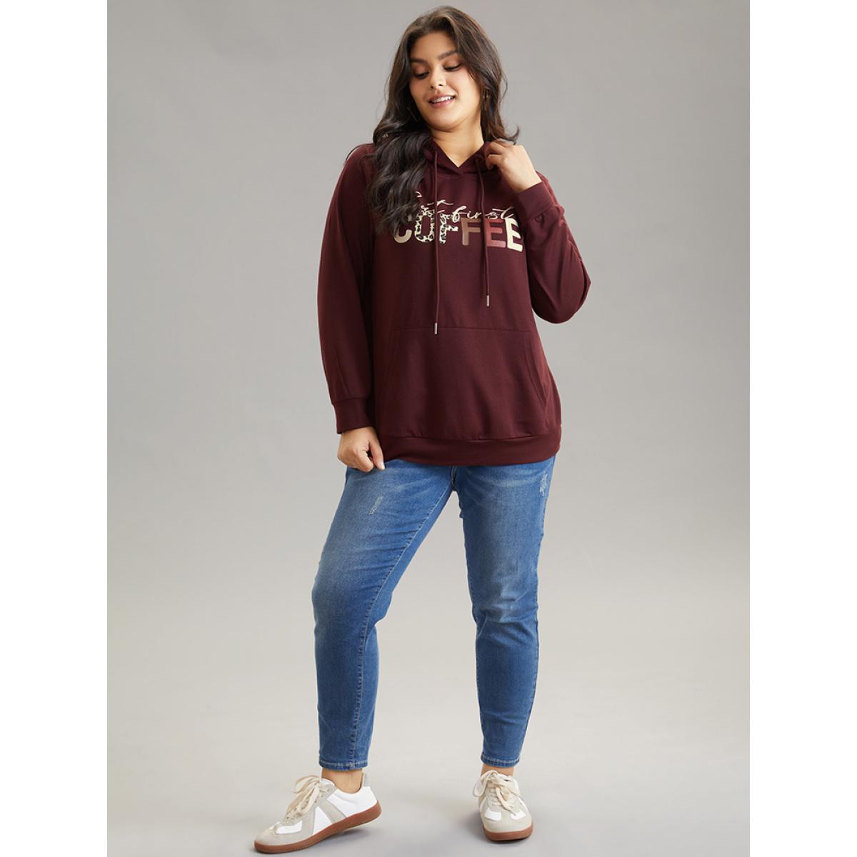 Plus Size Leopard Letter Kangaroo Pocket Hooded Sweatshirt Women Scarlet Casual Printed Dailywear Sweatshirts BloomChic 10/M Product Image