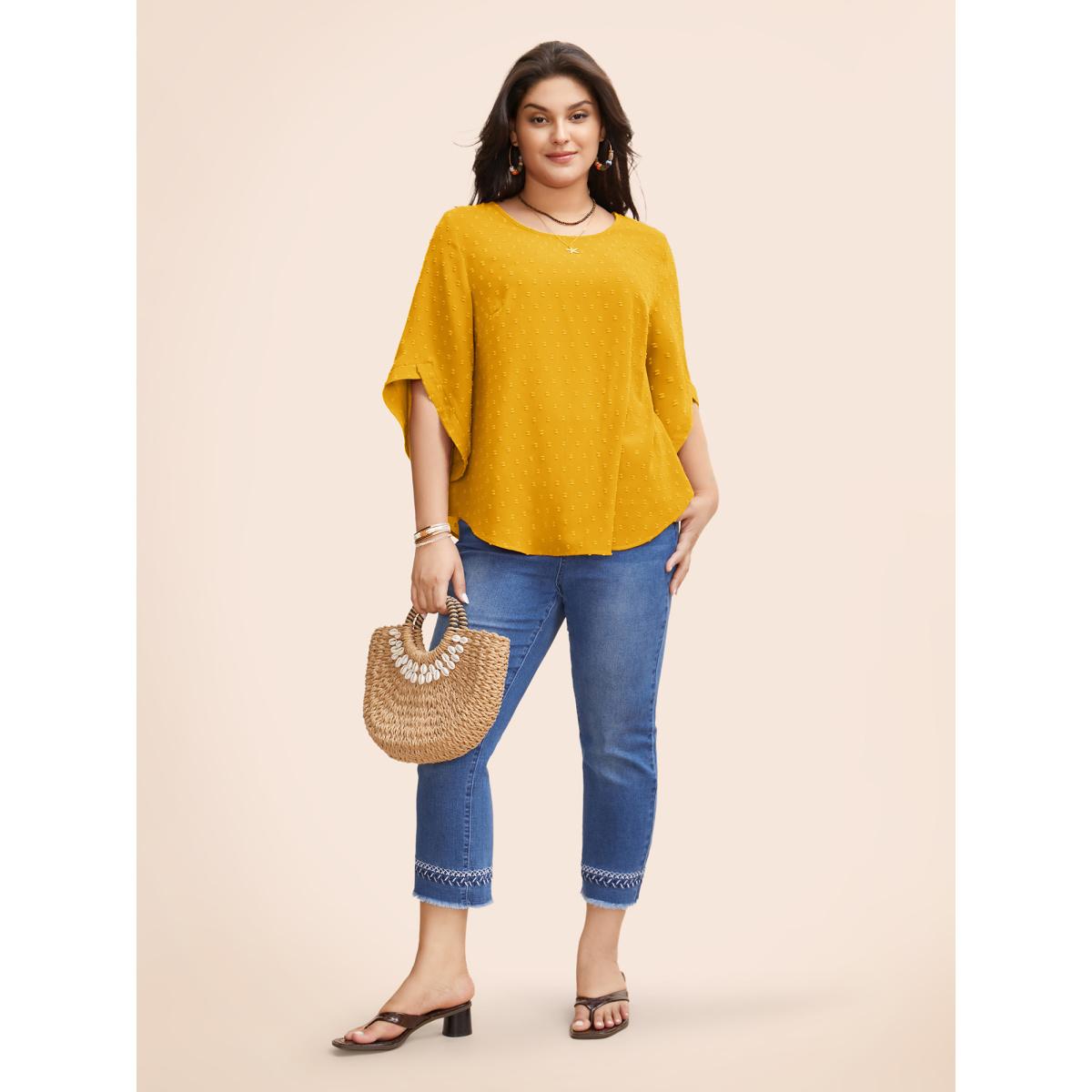 Plus Size Lemonyellow Textured Round Neck Bell Sleeve Blouse Women Elegant Elbow-length sleeve Round Neck Everyday Blouses BloomChic 10/M Product Image