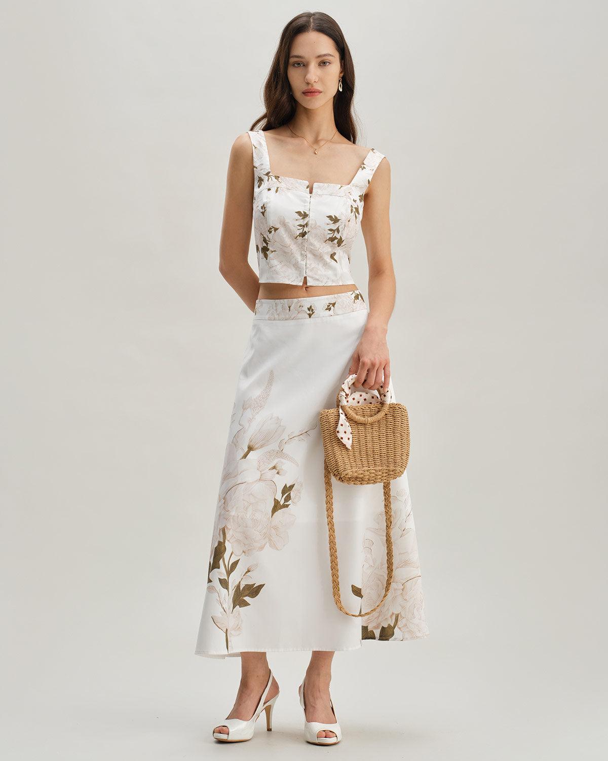 White Floral Shirred Square Neck Cami Top Product Image