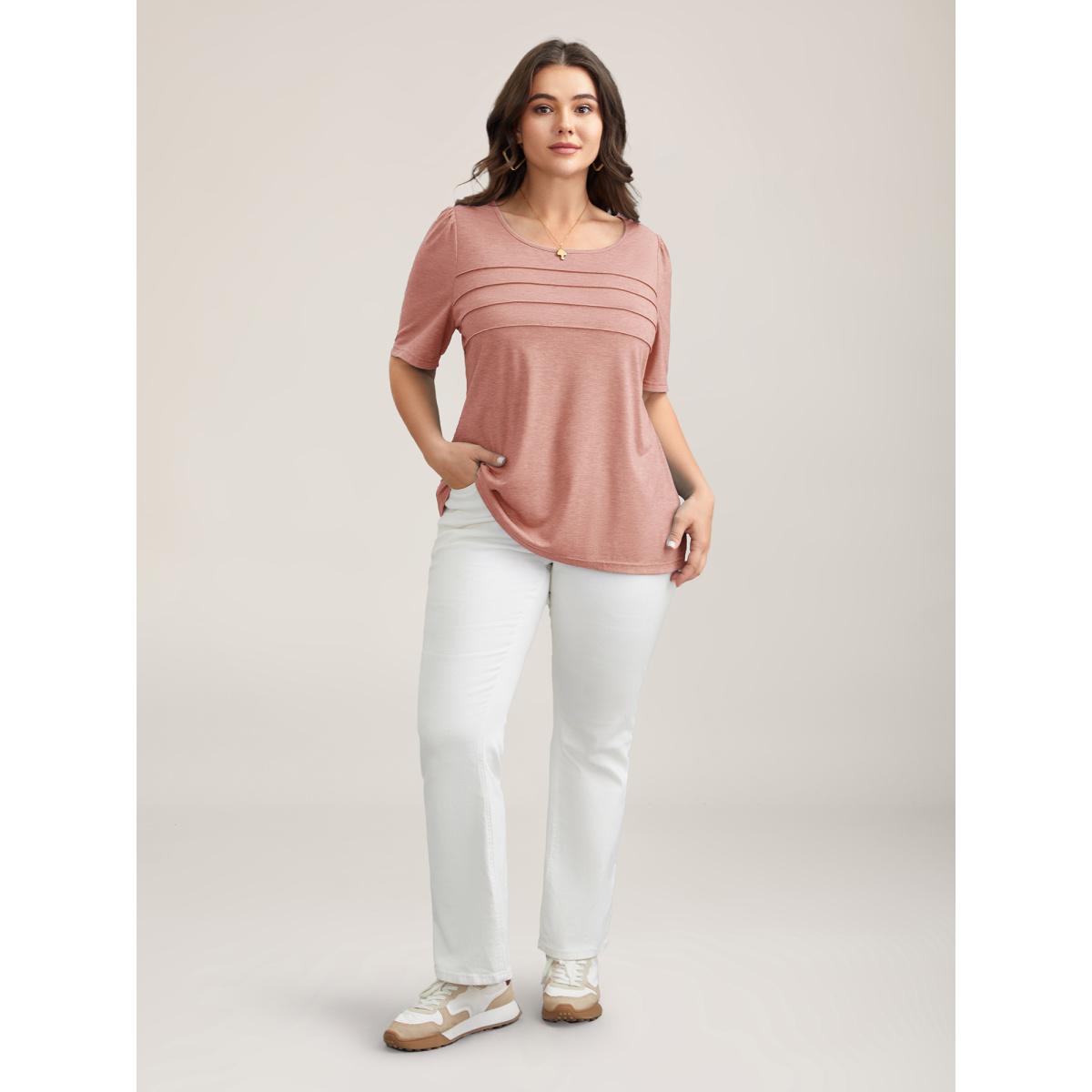 Plus Size Seamed Round Neck Fitted T-Shirt Nudepink Women Leisure Tucked seam Round Neck Casual T-shirts BloomChic 10/M Product Image